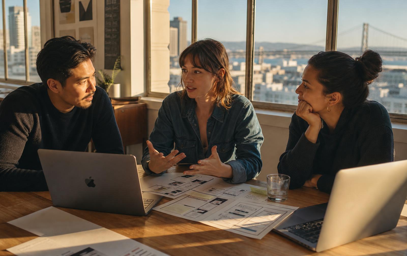 A small team reviewing product flows around a table at golden hour