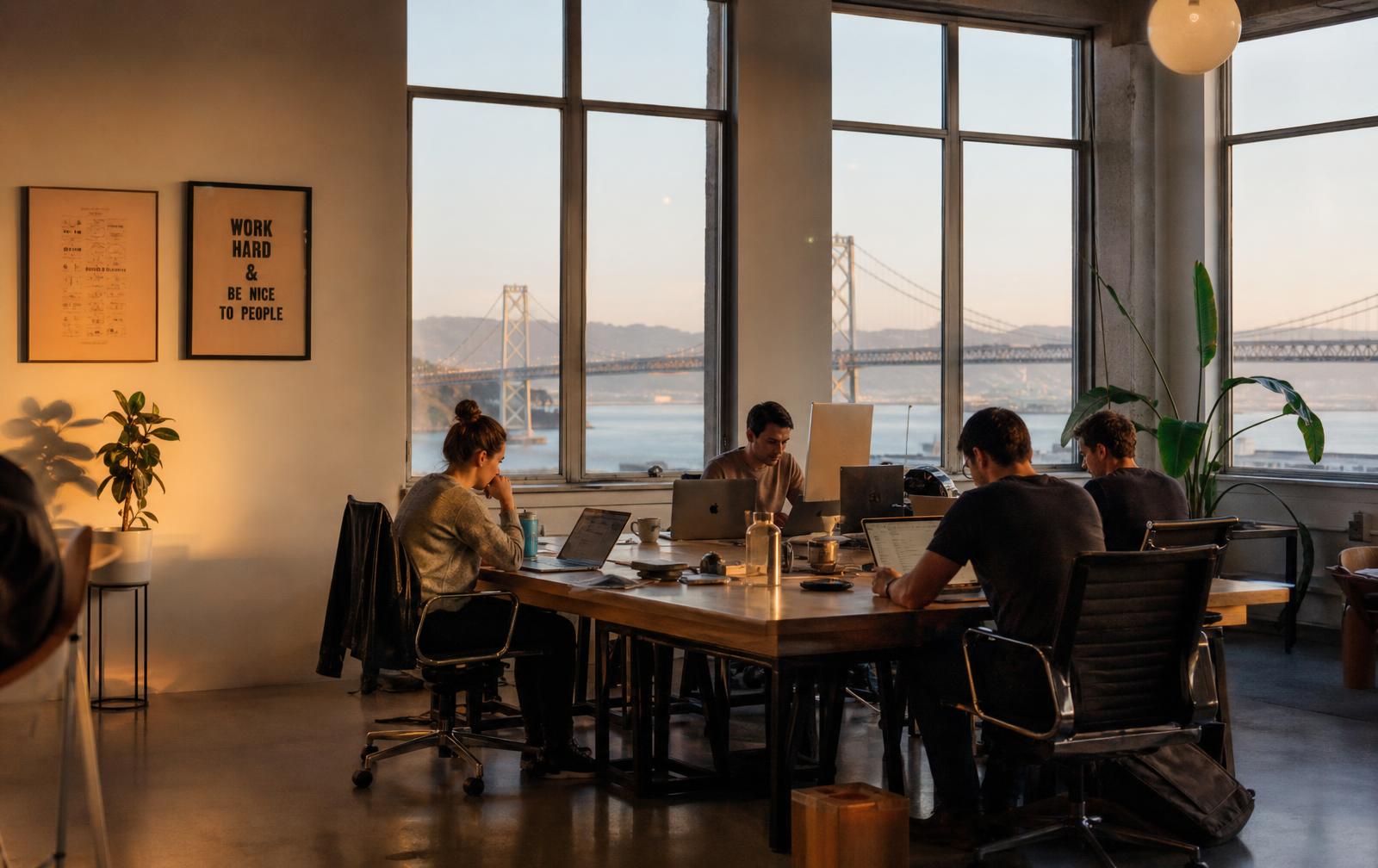 The Lethra office in San Francisco at golden hour, with the Bay Bridge visible through the windows