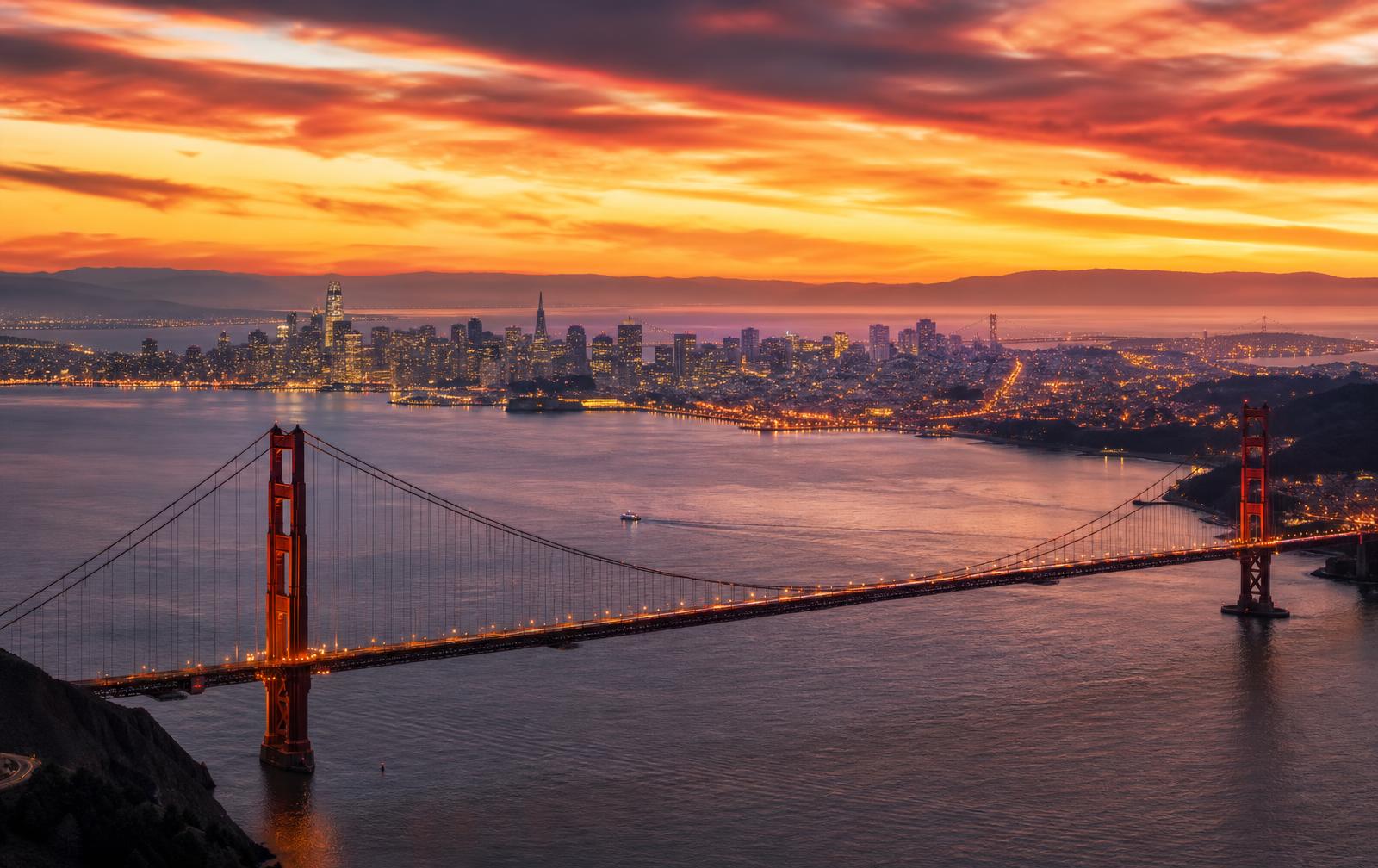 San Francisco skyline and Golden Gate Bridge at sunset