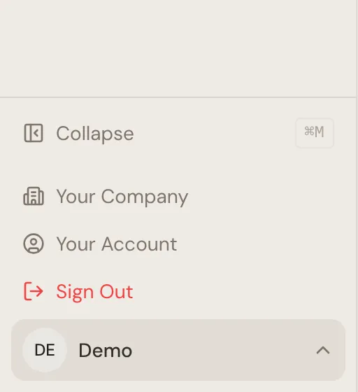 The menu under your name at the bottom of the sidebar, with Sign Out at the bottom.