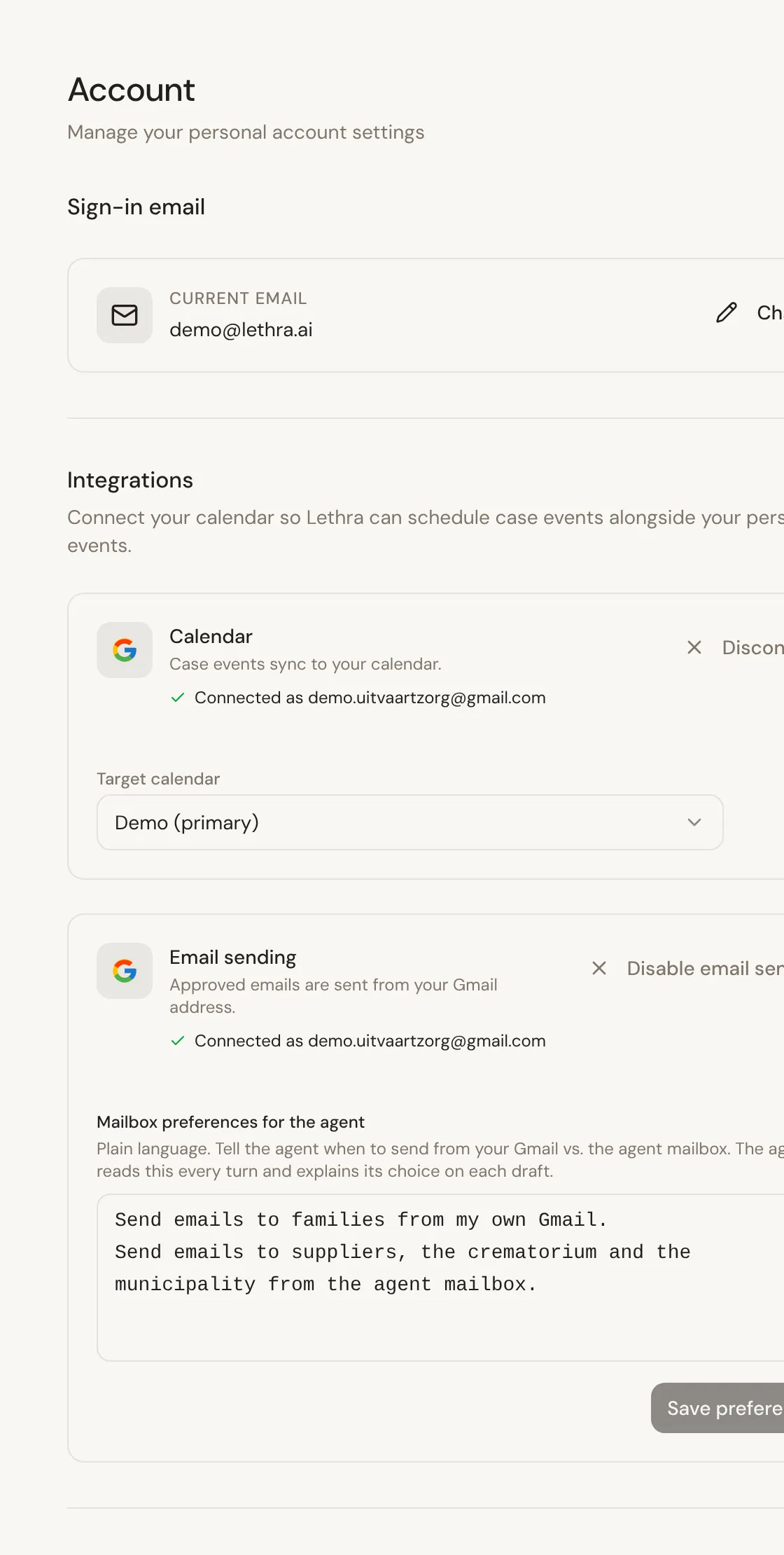 Your Account with a connected Google account: the calendar, Enable email sending, and the mailbox preferences the agent follows.