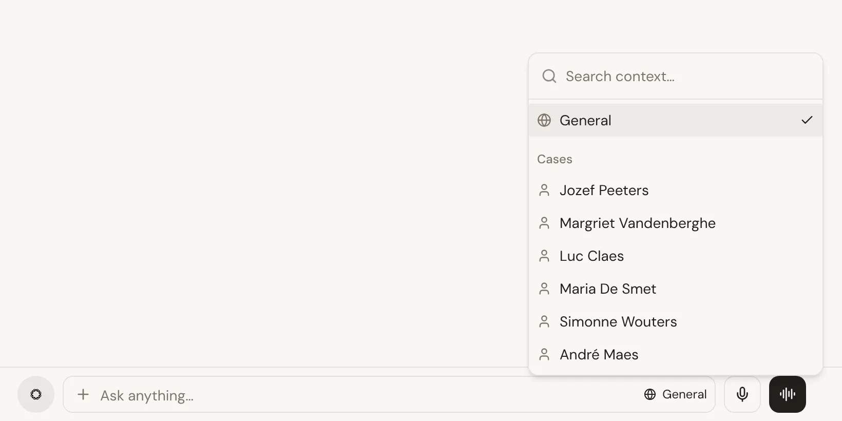 The context picker next to the message box, open on General and the list of cases.