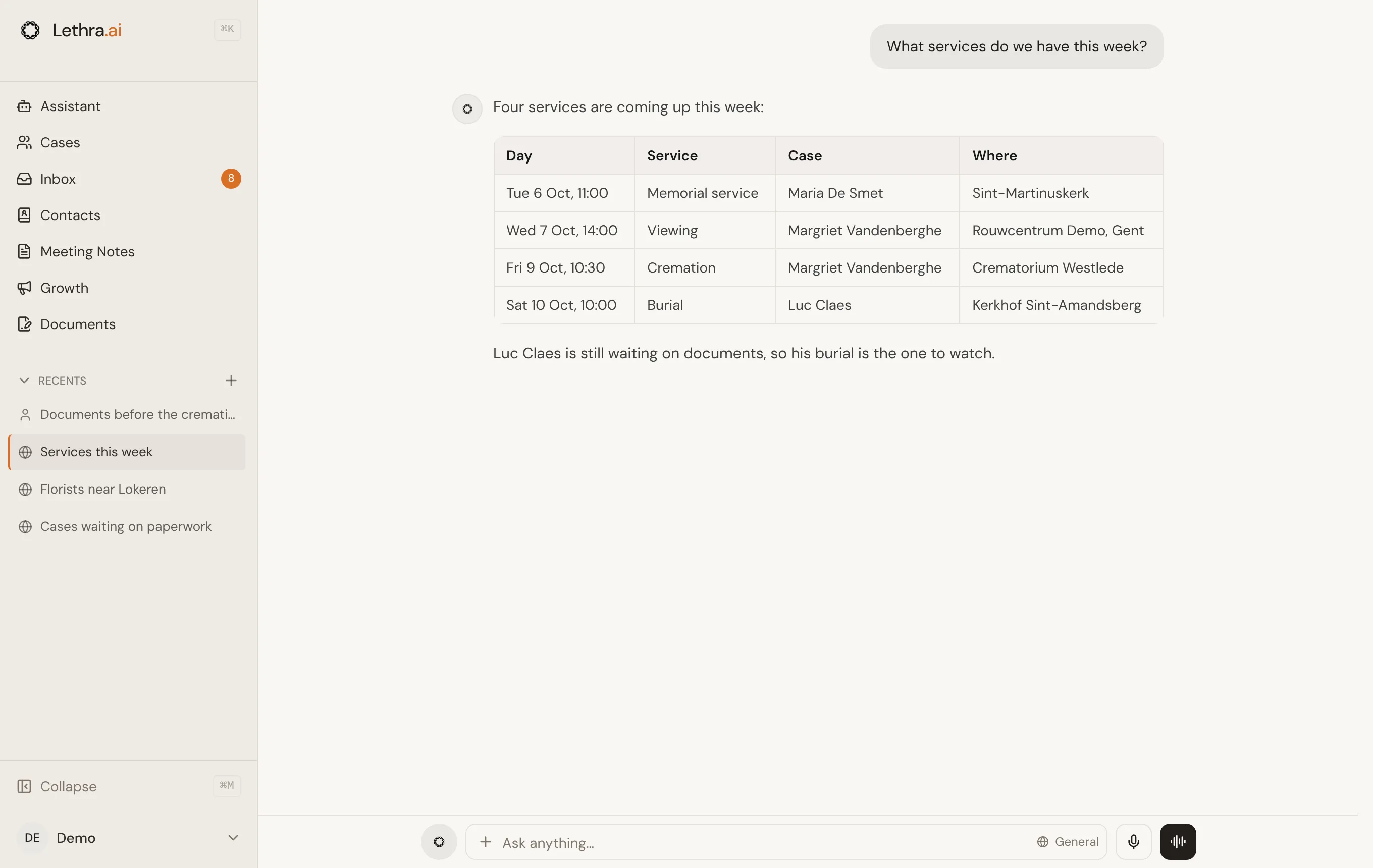 A conversation with the Assistant in General: asked what services are on this week, it answers with a table of four services and points out the one to watch.