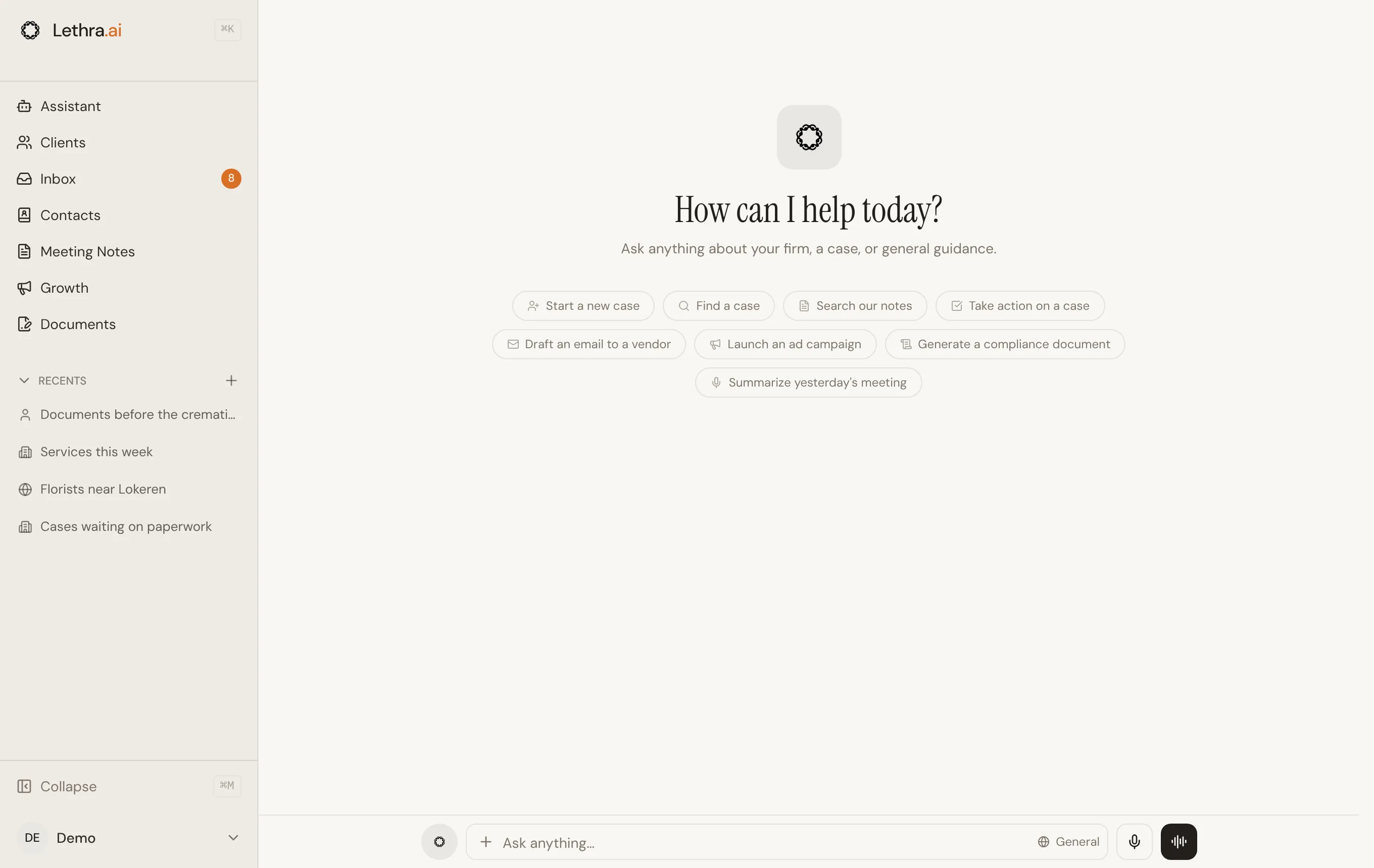 The Assistant, asking How can I help today?, with suggestions such as Find a case and Draft an email to a vendor above the message box.