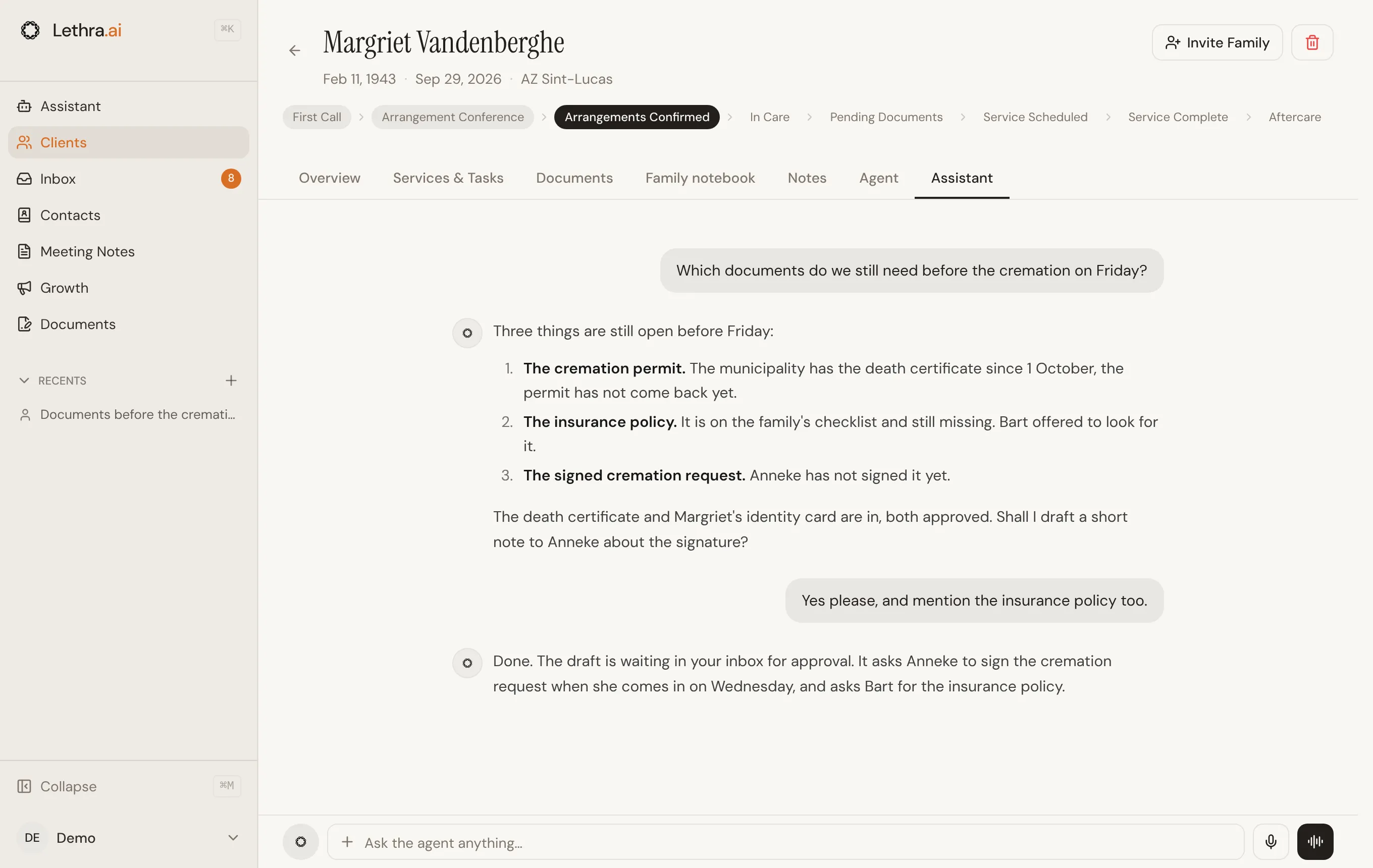 The Assistant tab on a case: a question about the documents still needed before the cremation, the agent’s answer, and the Ask the agent anything bar at the bottom.