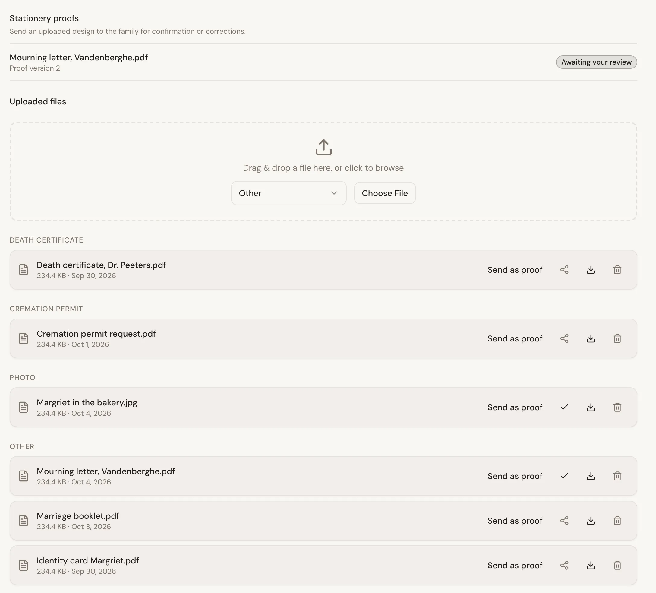 Uploaded files on a case, grouped by type, each with Send as proof, a share icon or a check mark when the family can see it, download and delete. Above them, a mourning letter sent as a proof.