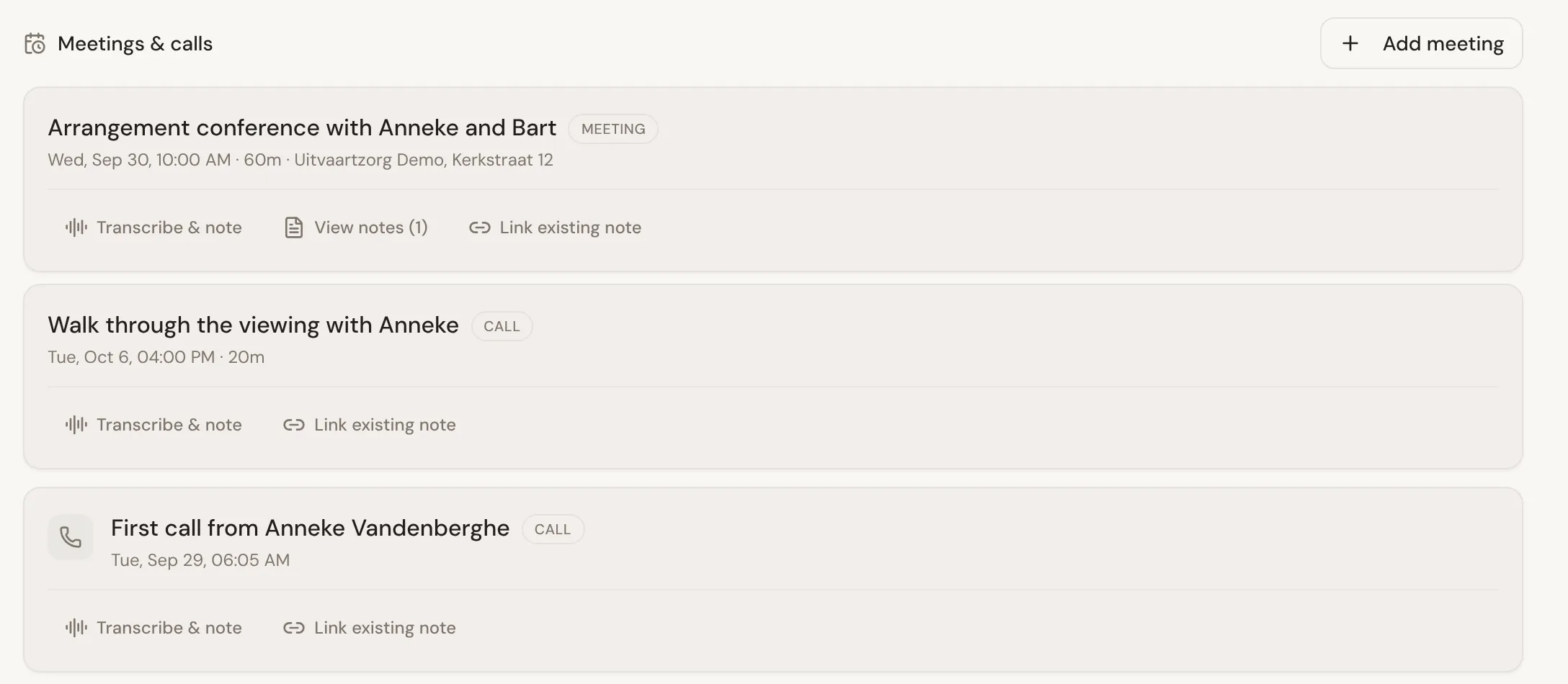 Meetings &amp; calls on the Services &amp; Tasks tab: an arrangement conference and two calls, each with Transcribe &amp; note and Link existing note, and View notes on the one that already has a note.