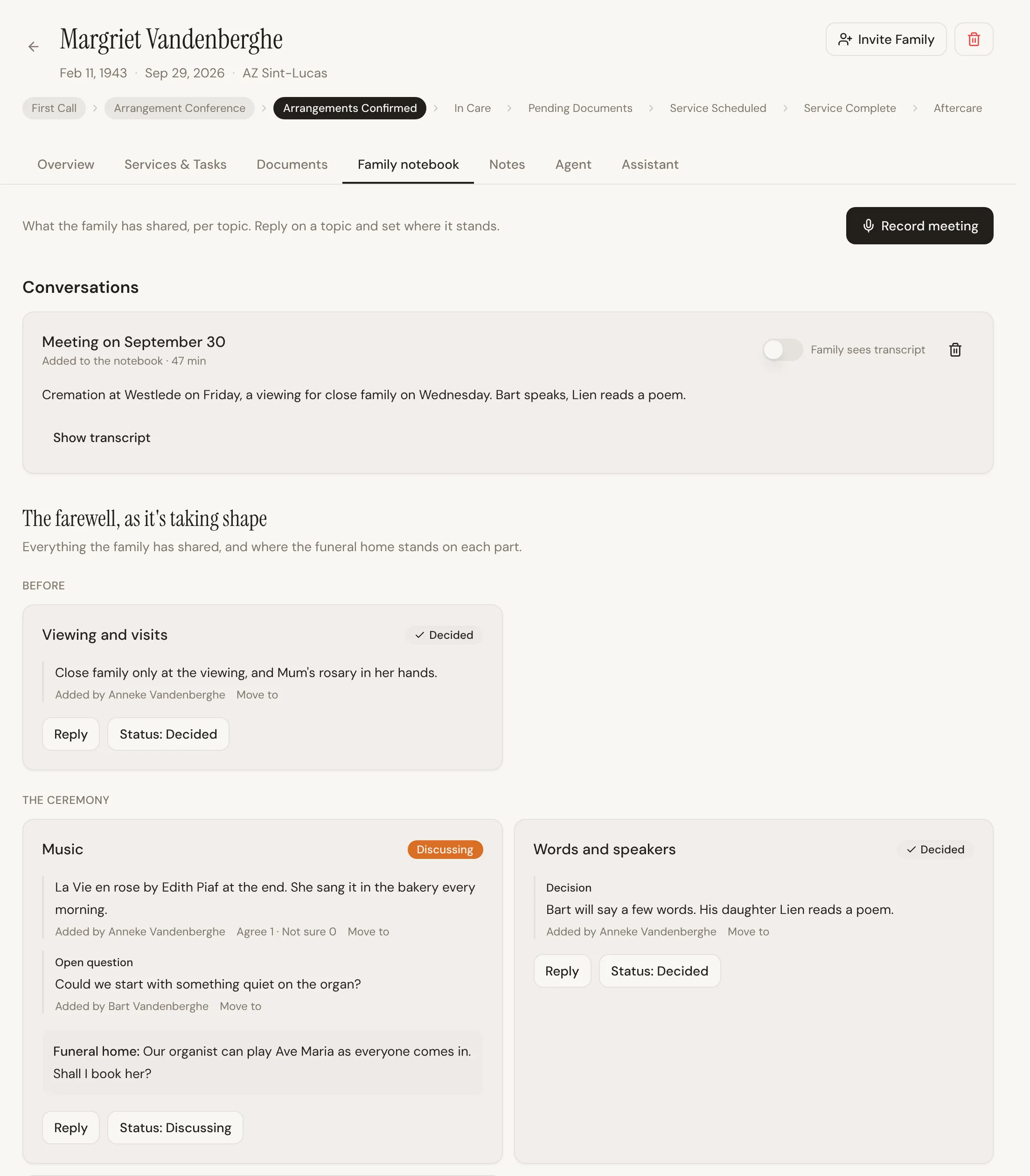 The Family notebook tab on a case: a recorded arrangement conference, and the family’s thoughts per topic, such as the viewing and the music, each with where it stands and a reply from the funeral home.