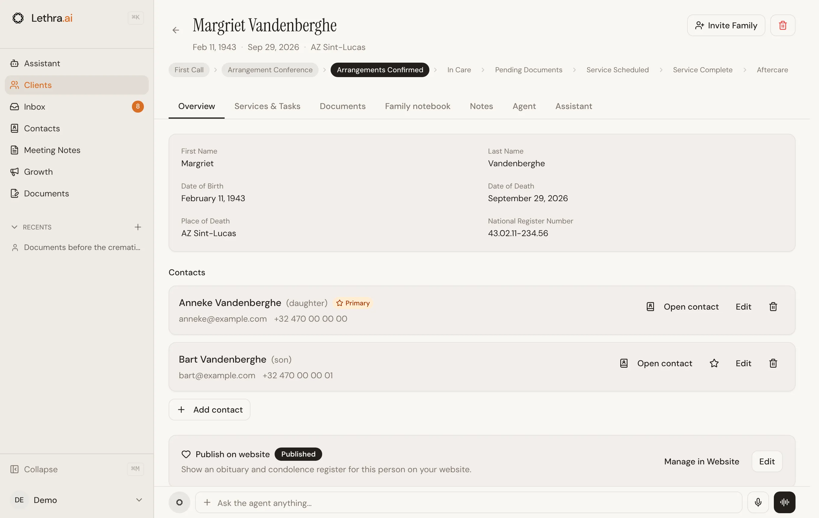 A case in Lethra, with the stages running across the top and the Overview tab showing the deceased’s details and two contacts.