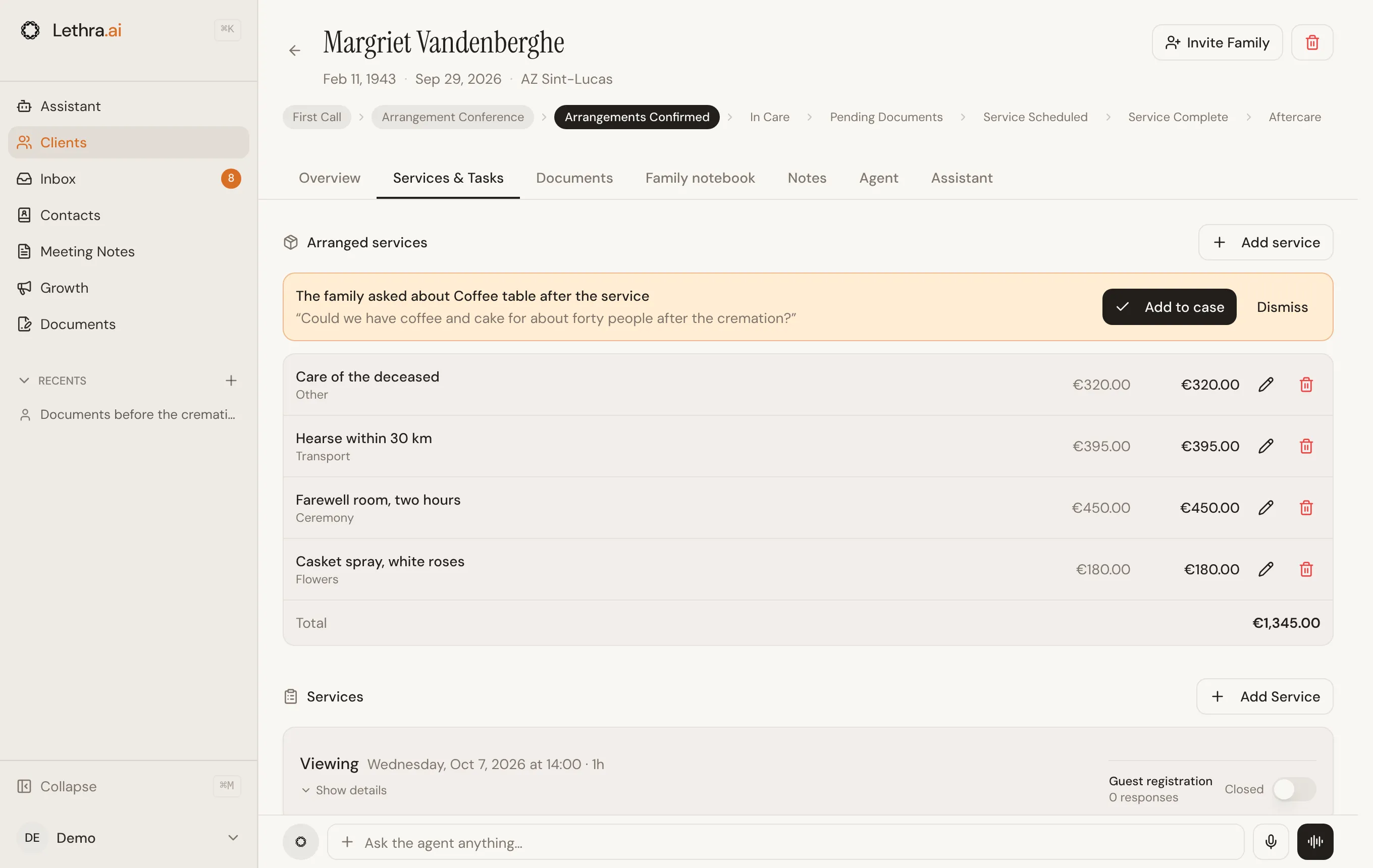 The Services & Tasks tab: the services arranged from the catalogue with their total, and below them a viewing and a cremation with their dates and places.