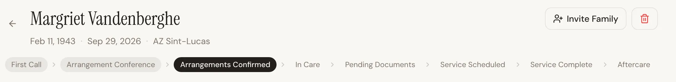The top of a case: the name and dates, Invite Family, and the stages from First Call to Aftercare, with Arrangements Confirmed selected.