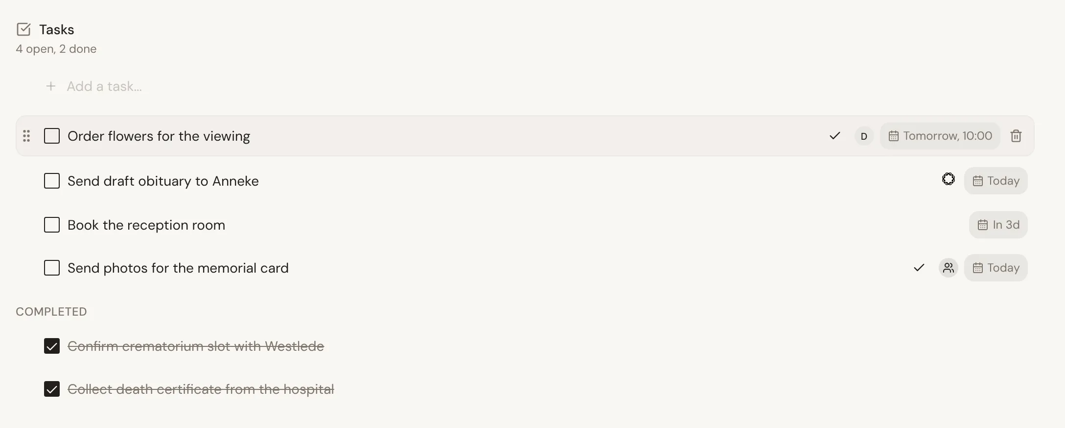 The task list on a case: the quick add field, open tasks with their due dates and owners, one assigned to the family and shared, and the completed tasks struck through below.