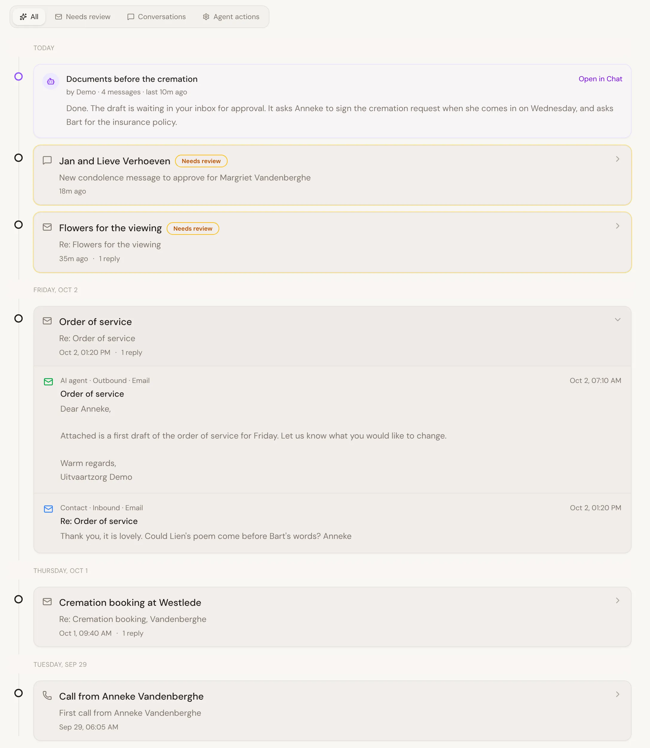 The timeline on the Agent tab: threads by email, call and chat, with the Order of service thread opened to show the email sent and the family’s reply.