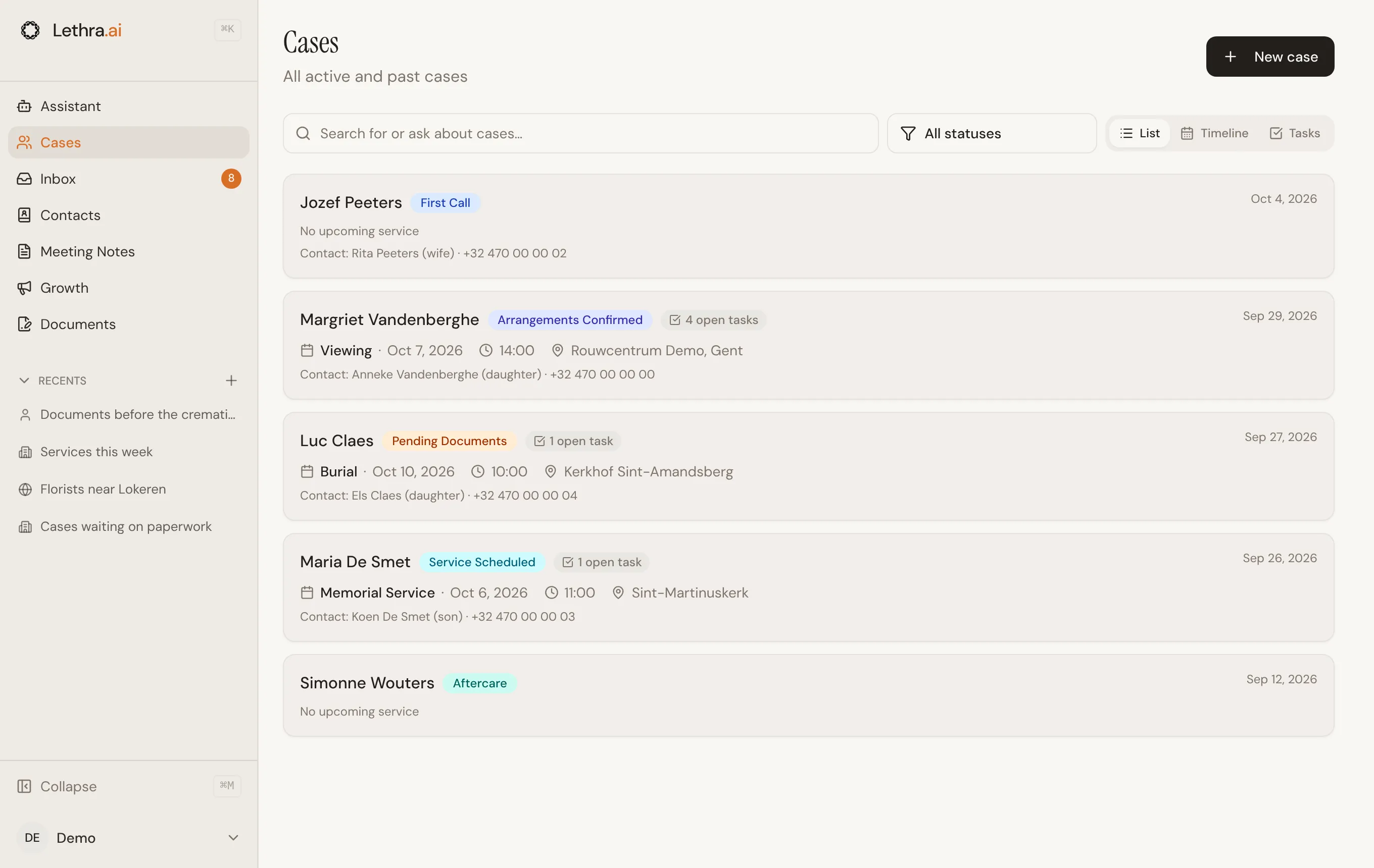 The Cases page, listing cases with their status badges, the next service and the primary contact.