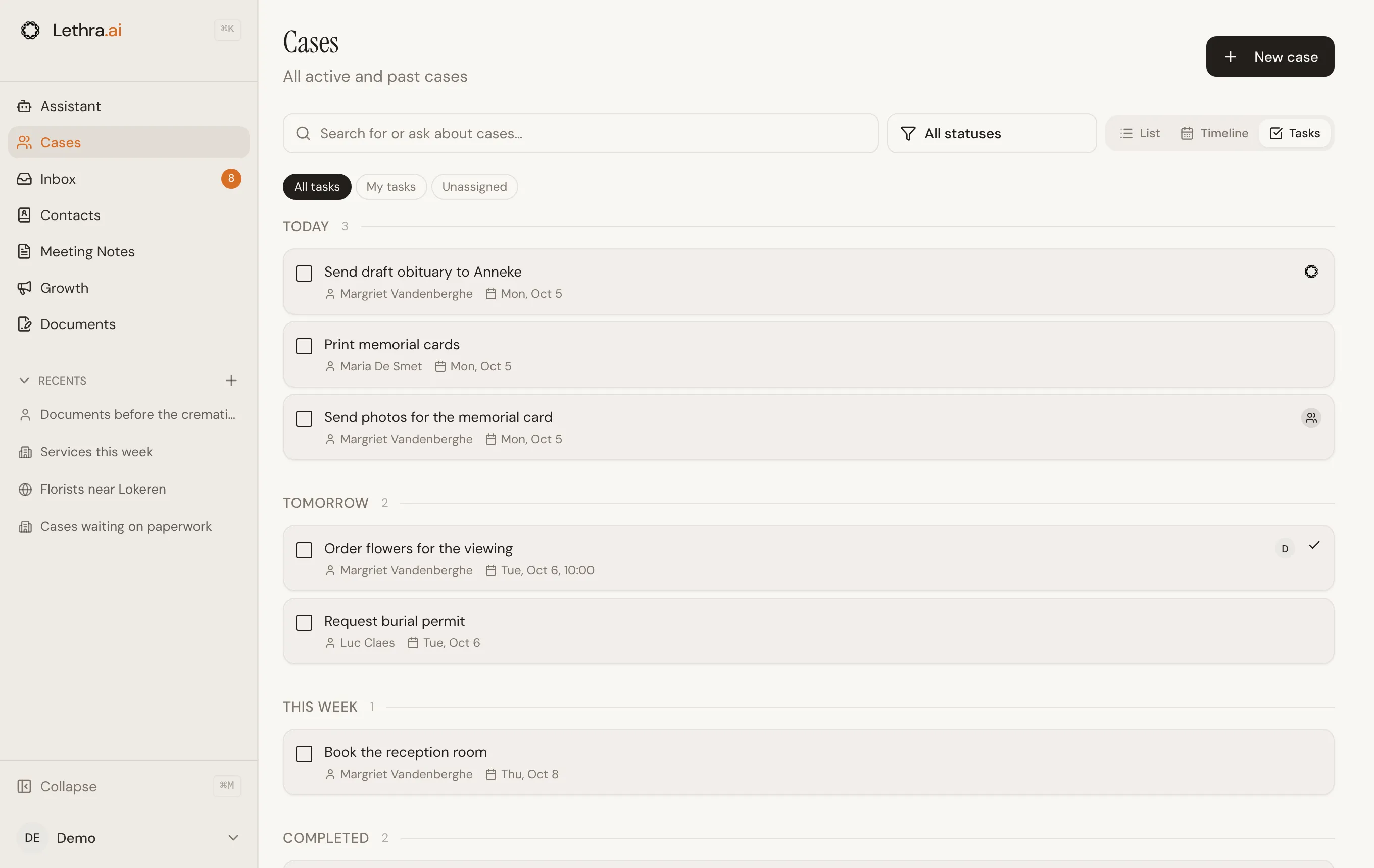 The Tasks view on the Cases page, with open tasks from every case grouped under Today, Tomorrow and This week.
