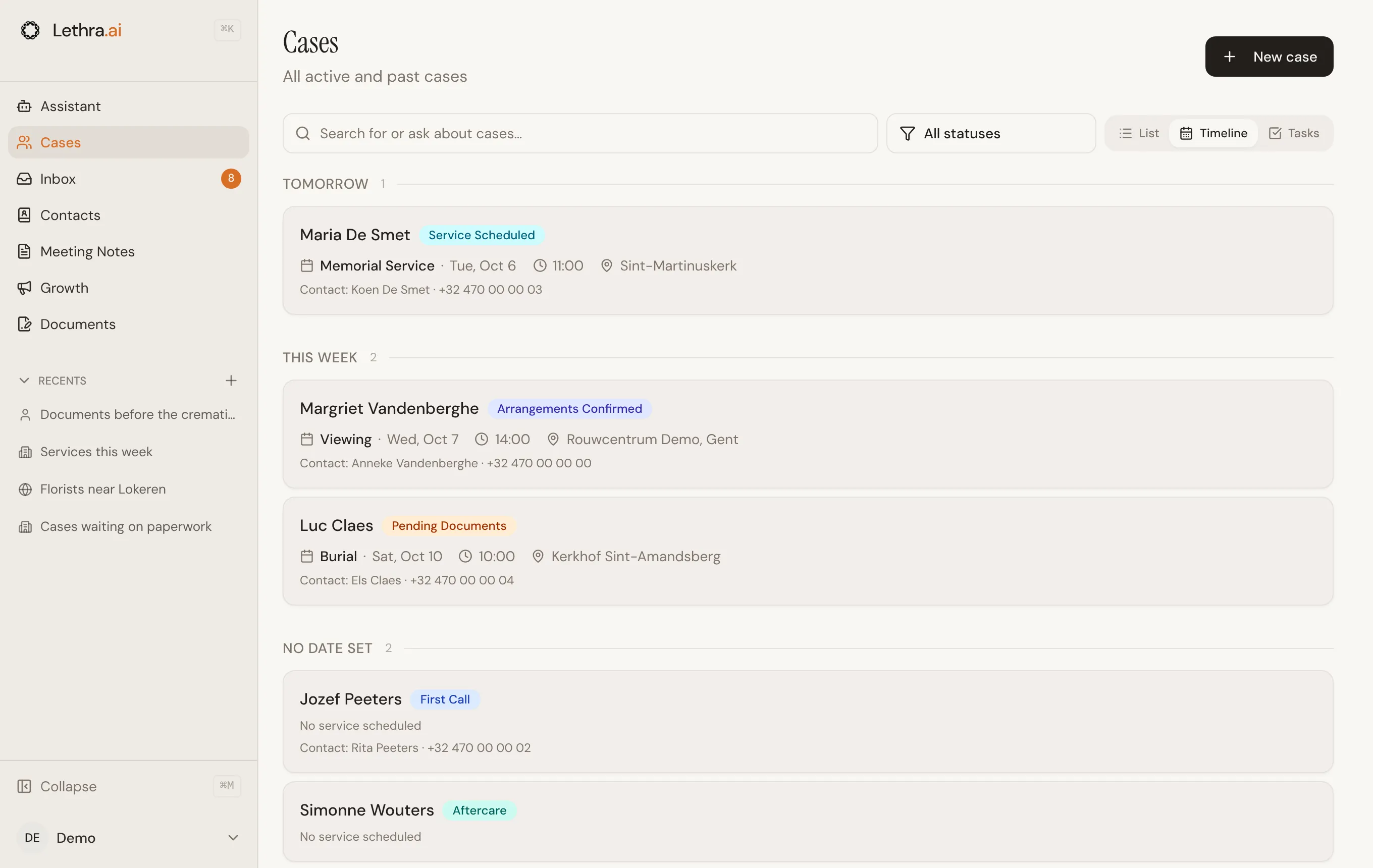The Timeline view on the Cases page, showing upcoming services by day: a memorial service tomorrow, then a viewing and a burial this week.