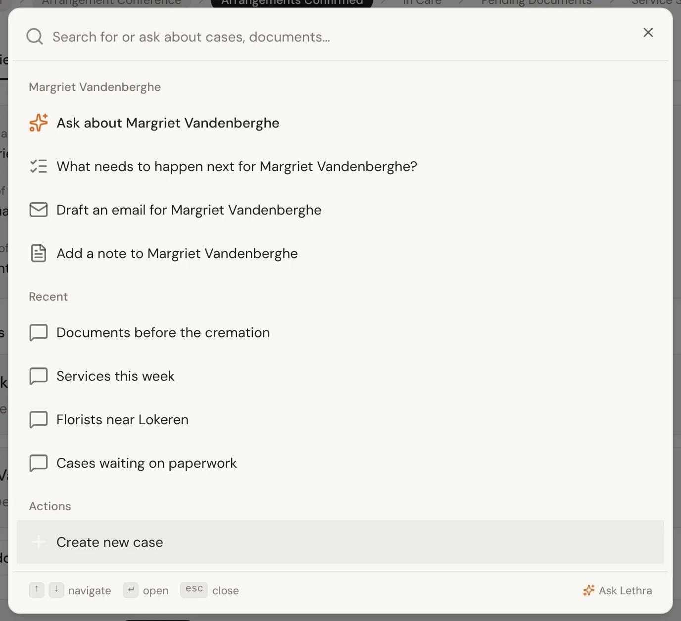 The command palette opened on a case: questions and shortcuts for that case, recent conversations, and Create new case.