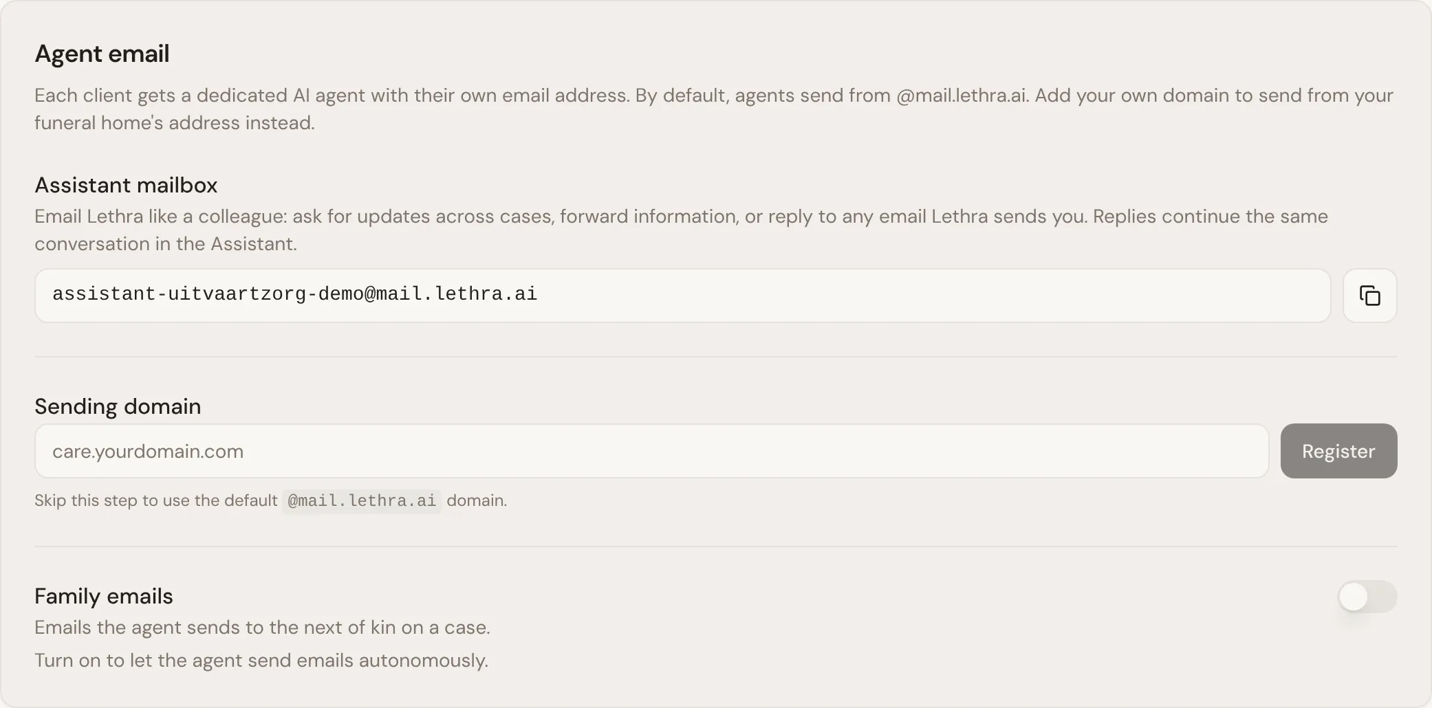 The Agent email section: the sending domain, the assistant mailbox address, and the Family emails switch.