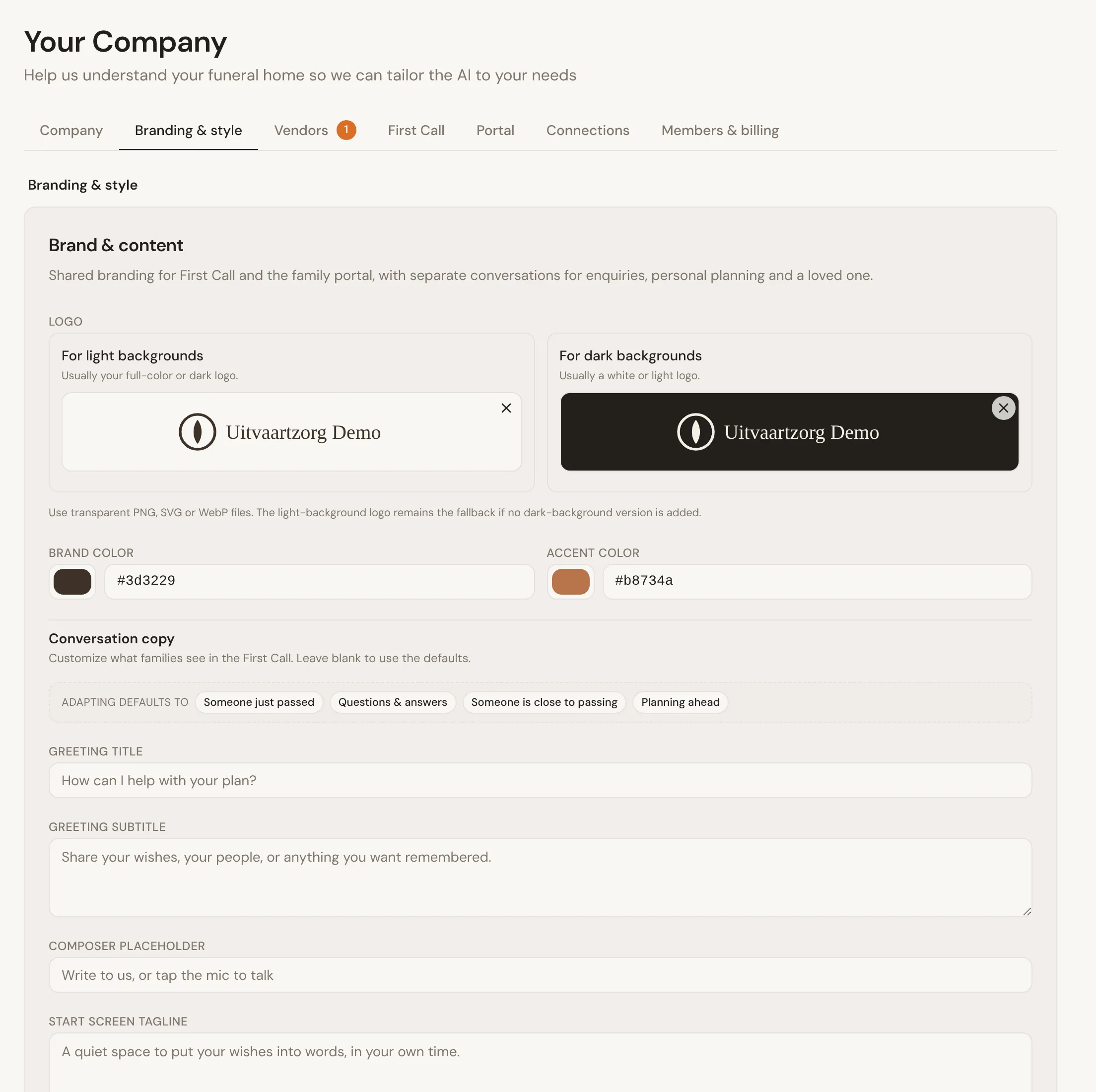 The Branding &amp; style tab: the firm’s logo for light and dark backgrounds, the brand and accent colors, and the conversation copy for First Call.