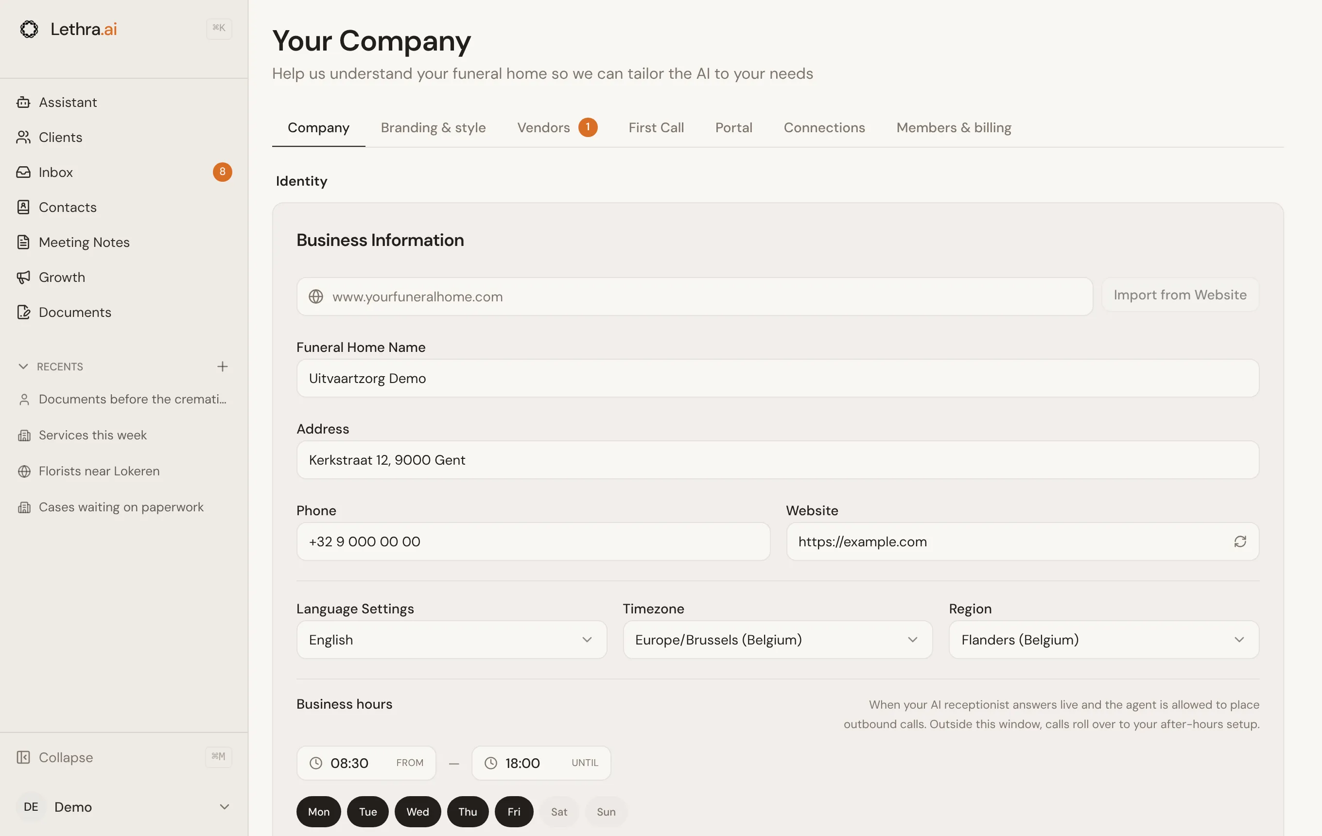 The Company tab under Your Company, with Business Information: name, address, phone, website, language, timezone and region.