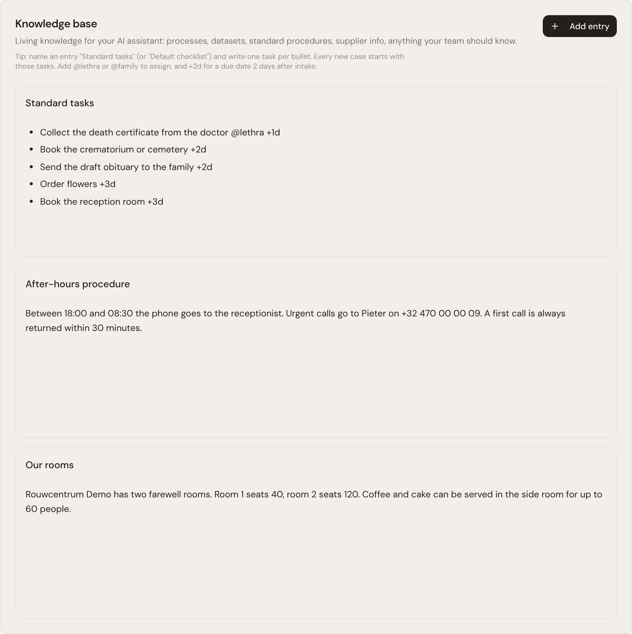 The Knowledge section with three entries: Standard tasks, an after-hours procedure and a description of the farewell rooms.