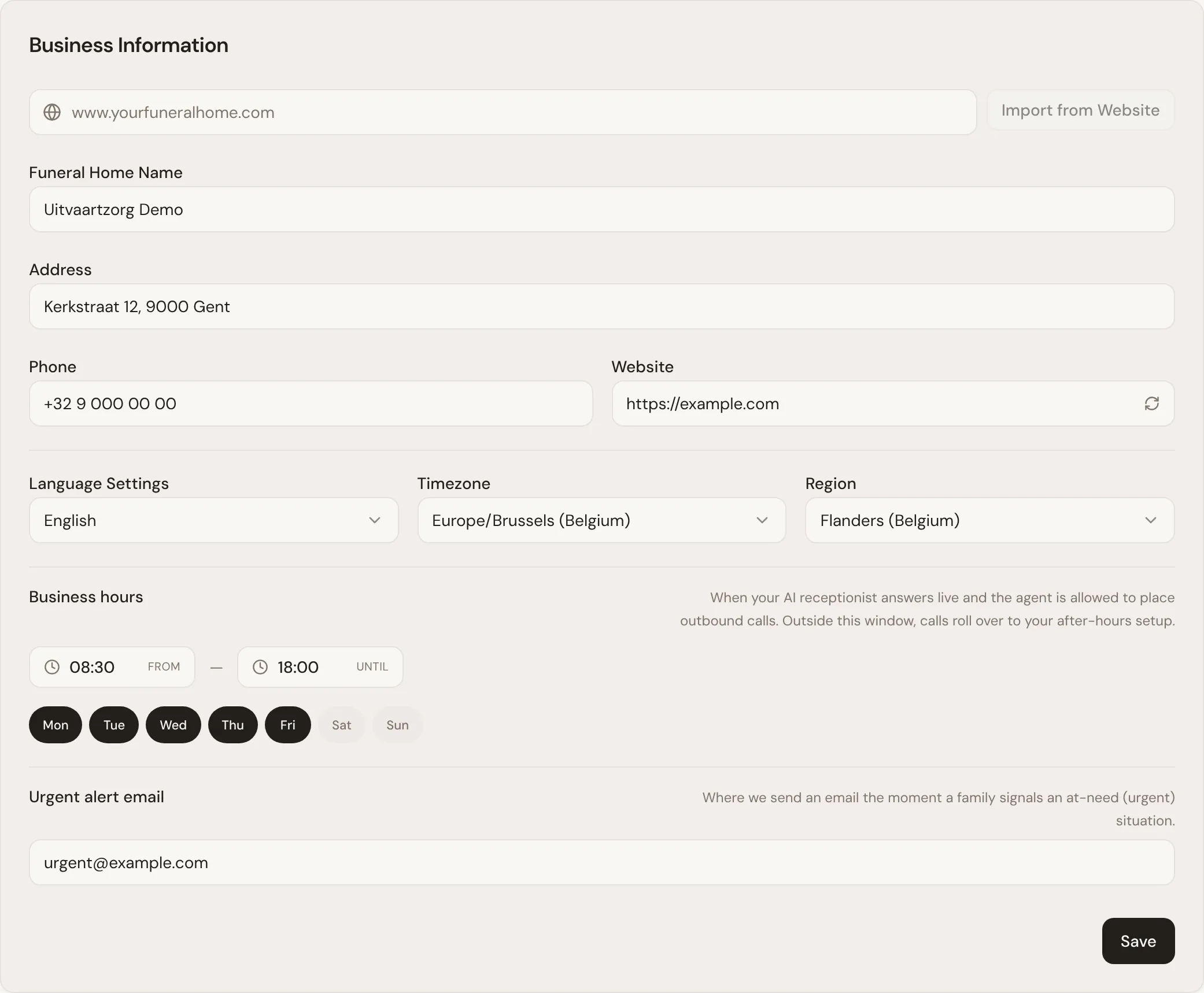 Business Information under Your Company, with Language Settings set to English, the timezone, and Region set to Flanders (Belgium).