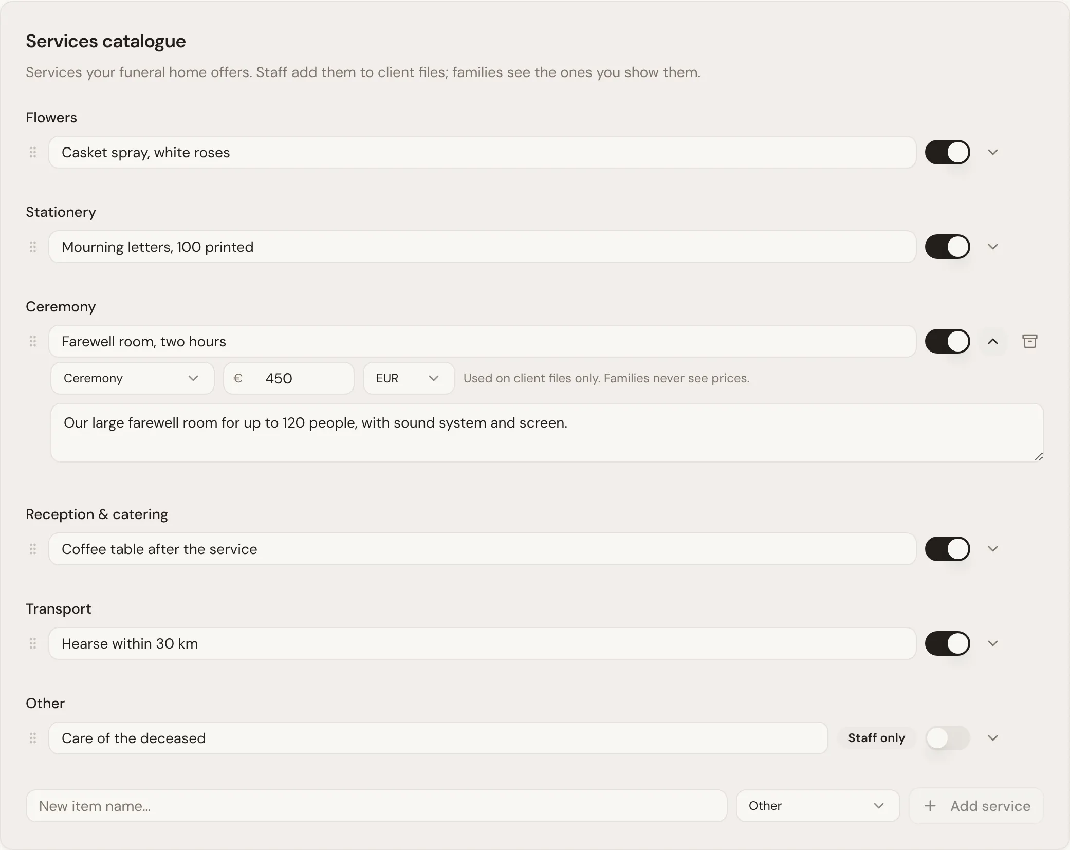 The Services catalogue, grouped by category, with the farewell room open for editing: name, category, description, internal price and the Shown to families switch.