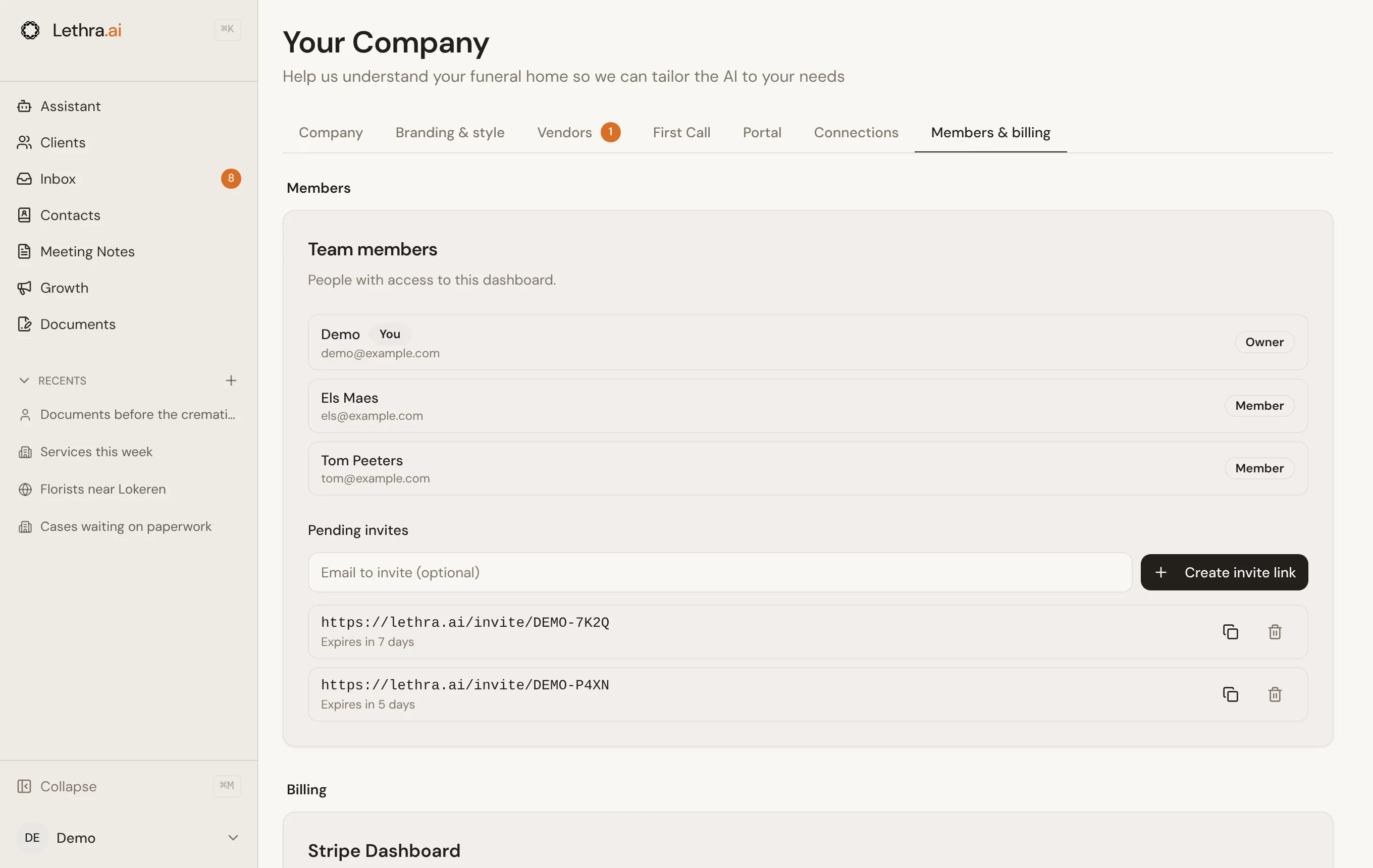 The Members & billing tab under Your Company: three team members, a field to invite by email, Create invite link, and two pending invite links with their expiry.