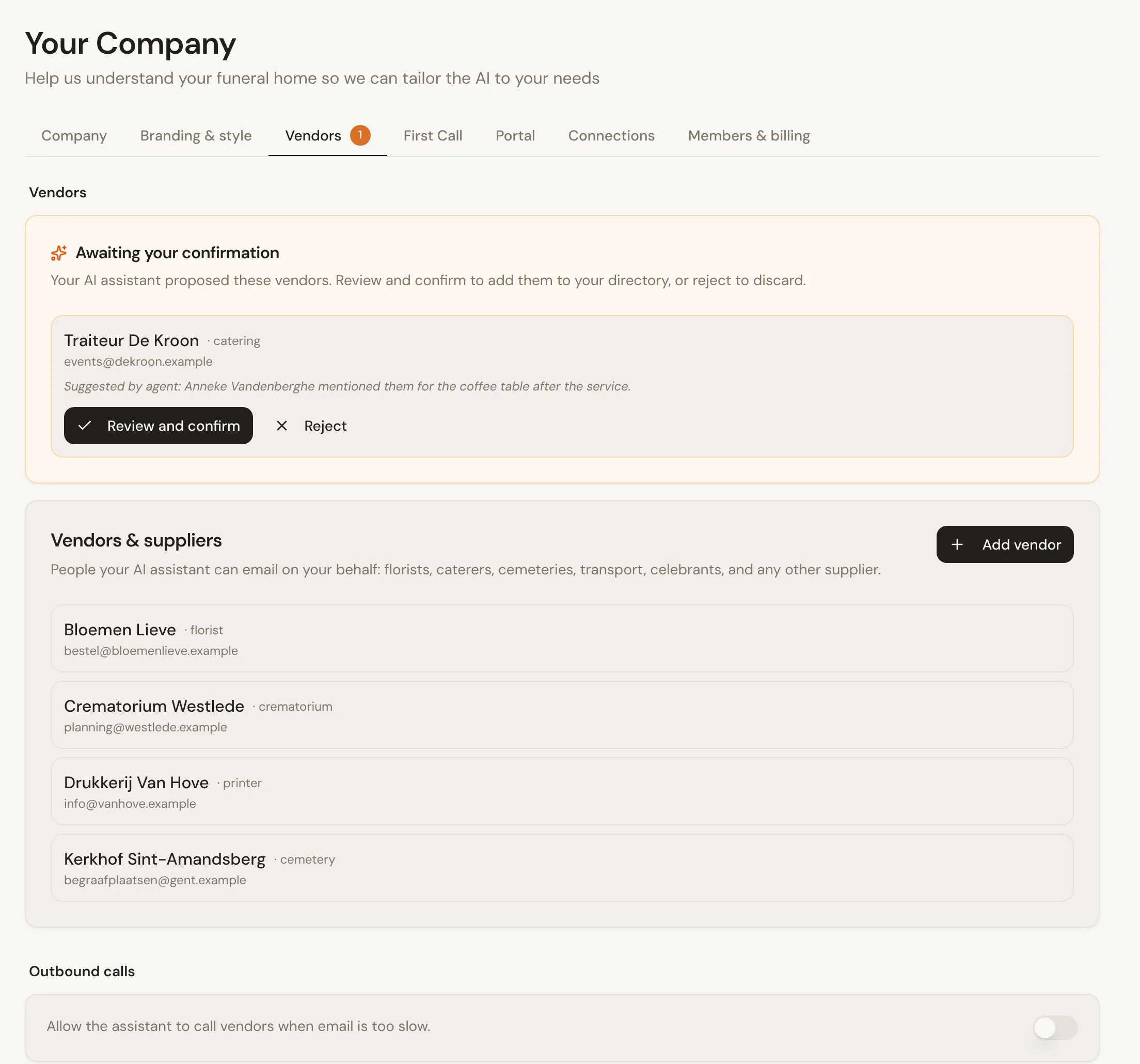 The Vendors tab: a caterer suggested by the agent and awaiting confirmation, four confirmed suppliers, and the Outbound calls and Outbound emails switches.