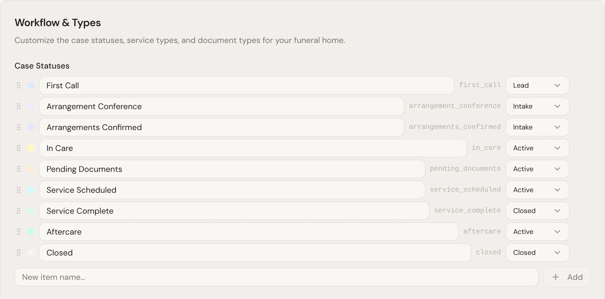 Workflow &amp; Types, listing the case statuses from First Call onwards, each with its stage.