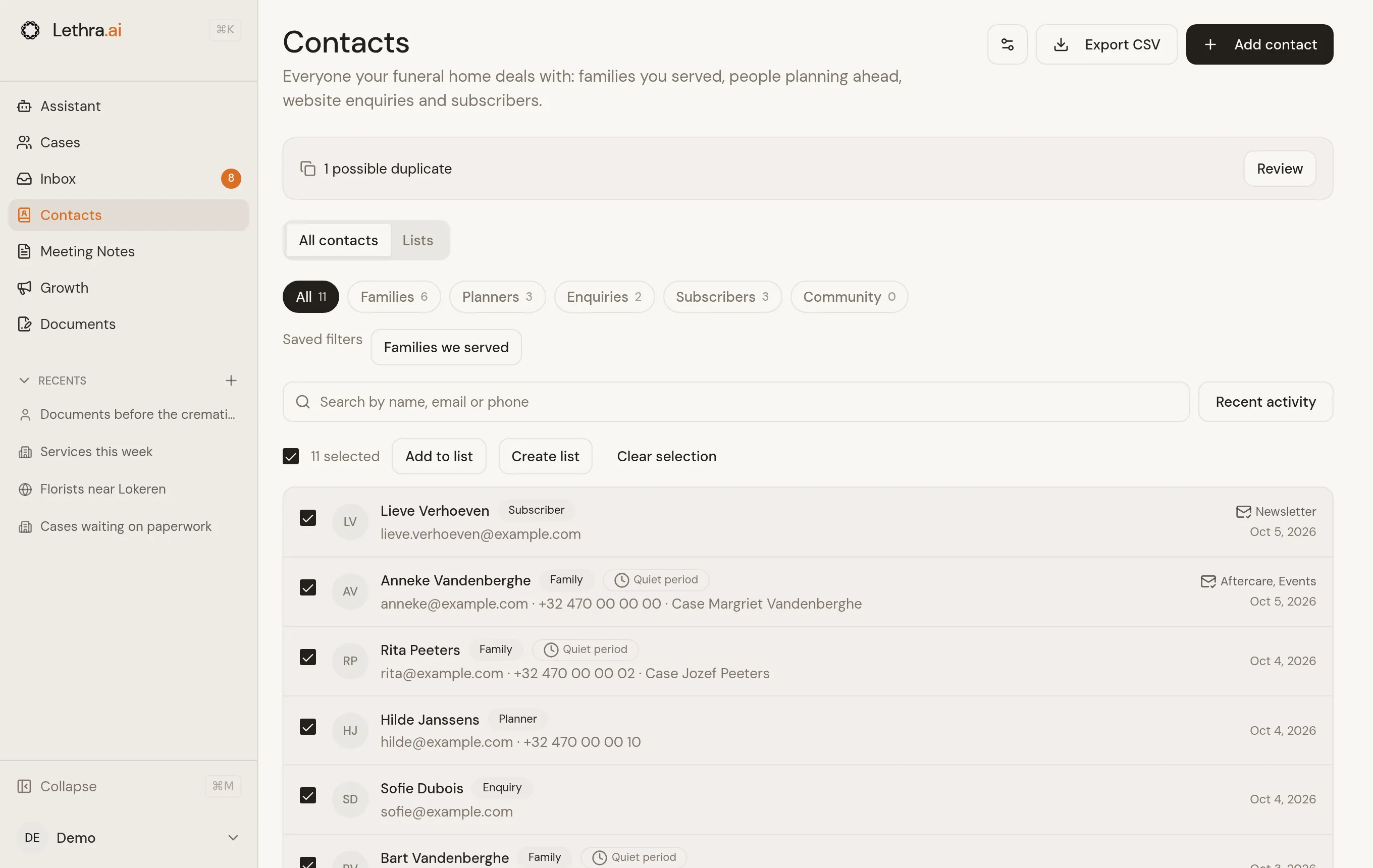 Selected contacts and the list actions.