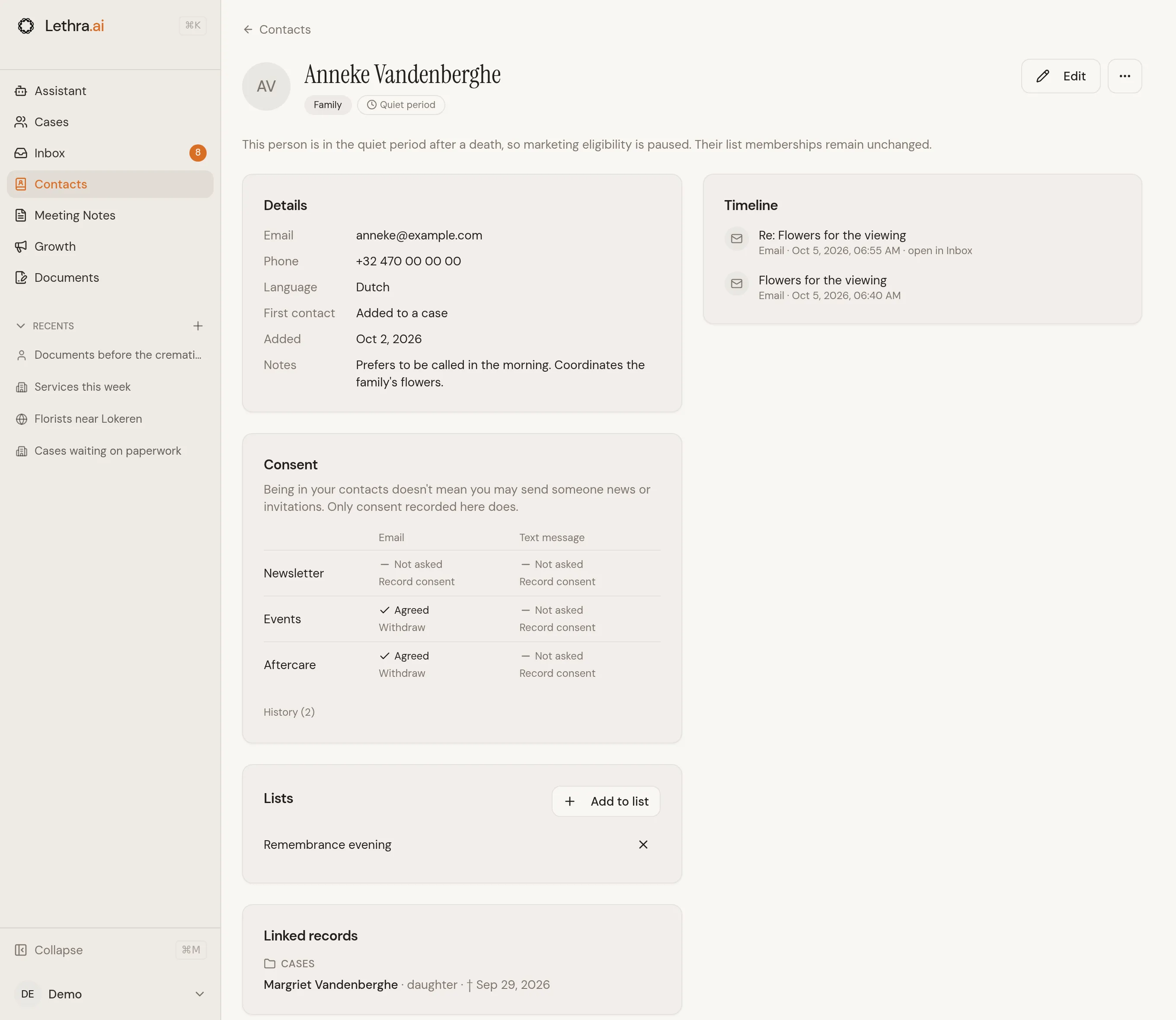 A contact’s page: details and notes, consent for each purpose, the case the person is on, and a timeline of emails.