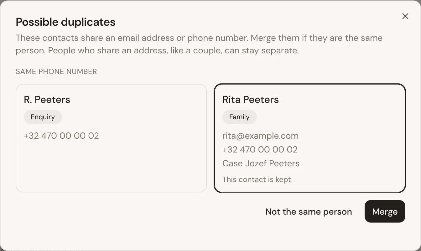 The possible duplicates window: two contacts with the same phone number side by side, one selected to keep, with Not the same person and Merge buttons.