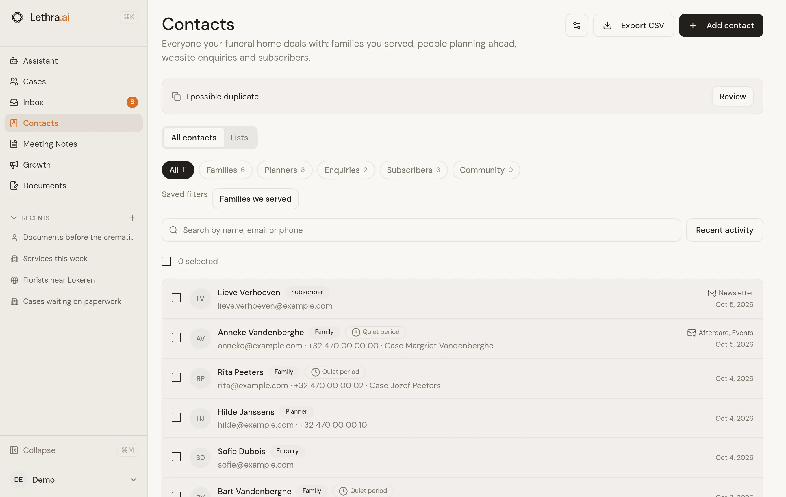 The Contacts page: filters for families, planners, enquiries, subscribers and community, a saved list, a search box, and a list of people with their role, case and the news they agreed to.