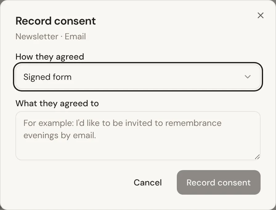 The Record consent window: how the person agreed, and a box for what they agreed to.