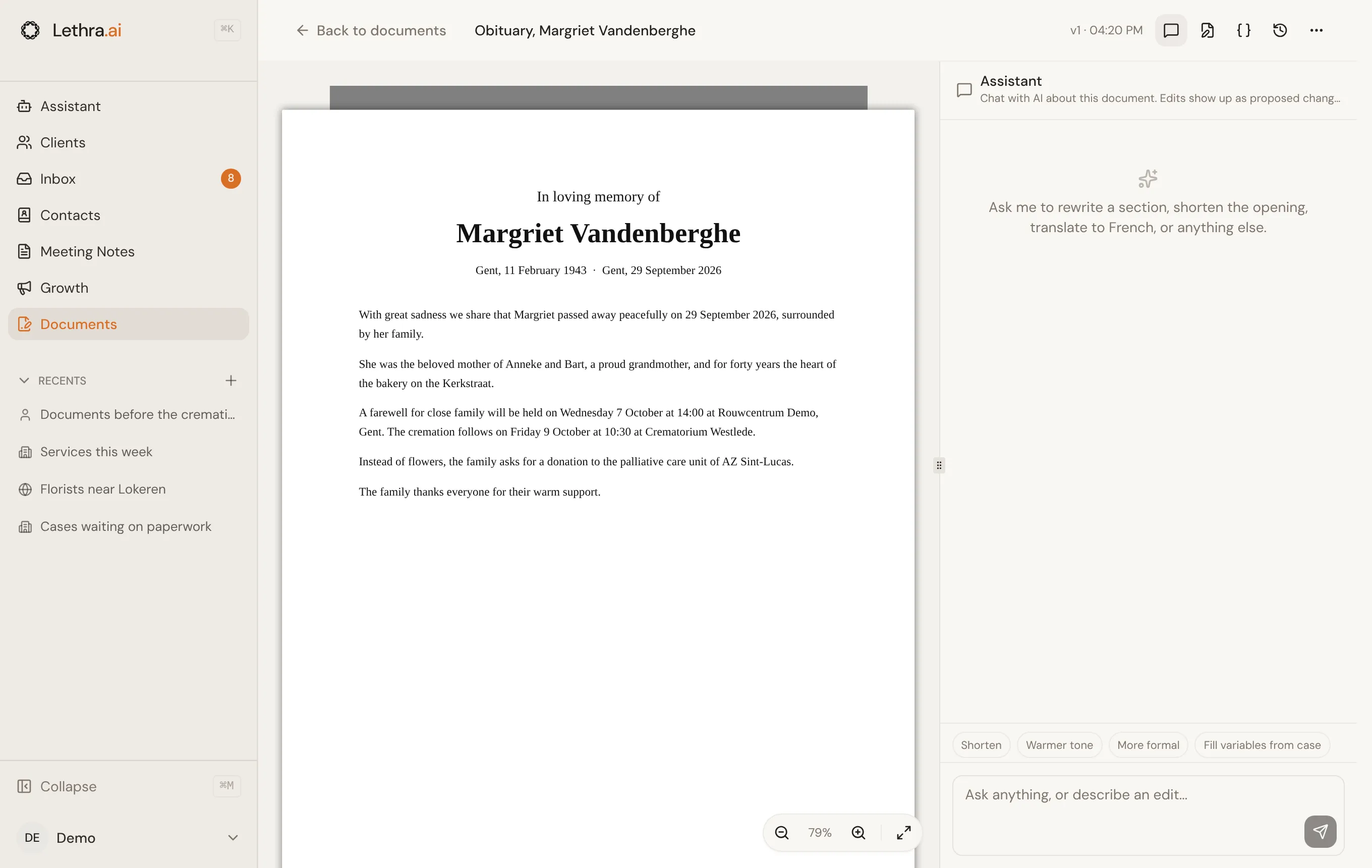 A finished obituary for Margriet Vandenberghe in the document editor, with the AI assistant and its quick actions on the right.