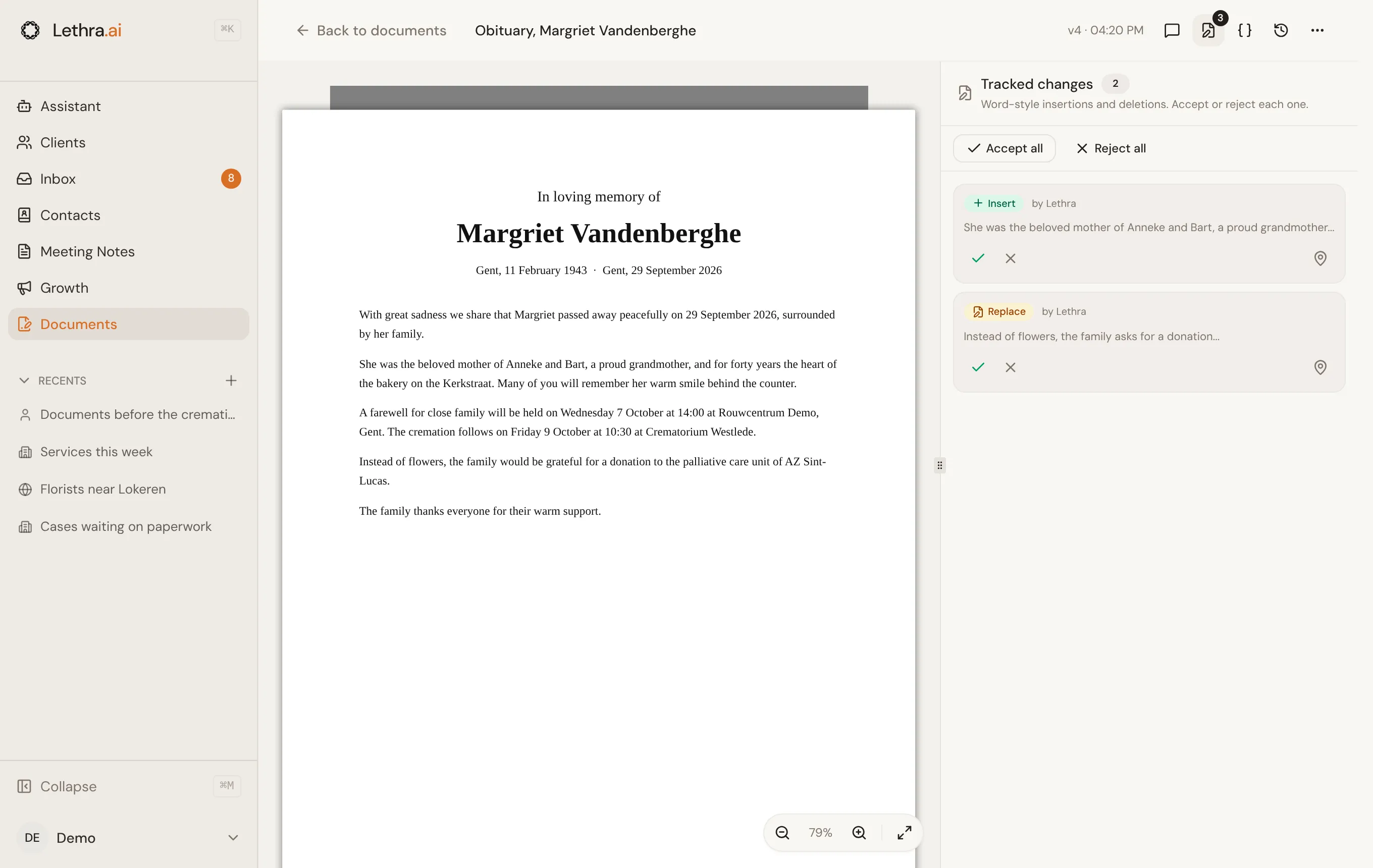 An obituary in the editor with the Edits panel open: two tracked changes from the assistant, each with accept and reject, and Accept all and Reject all at the top.