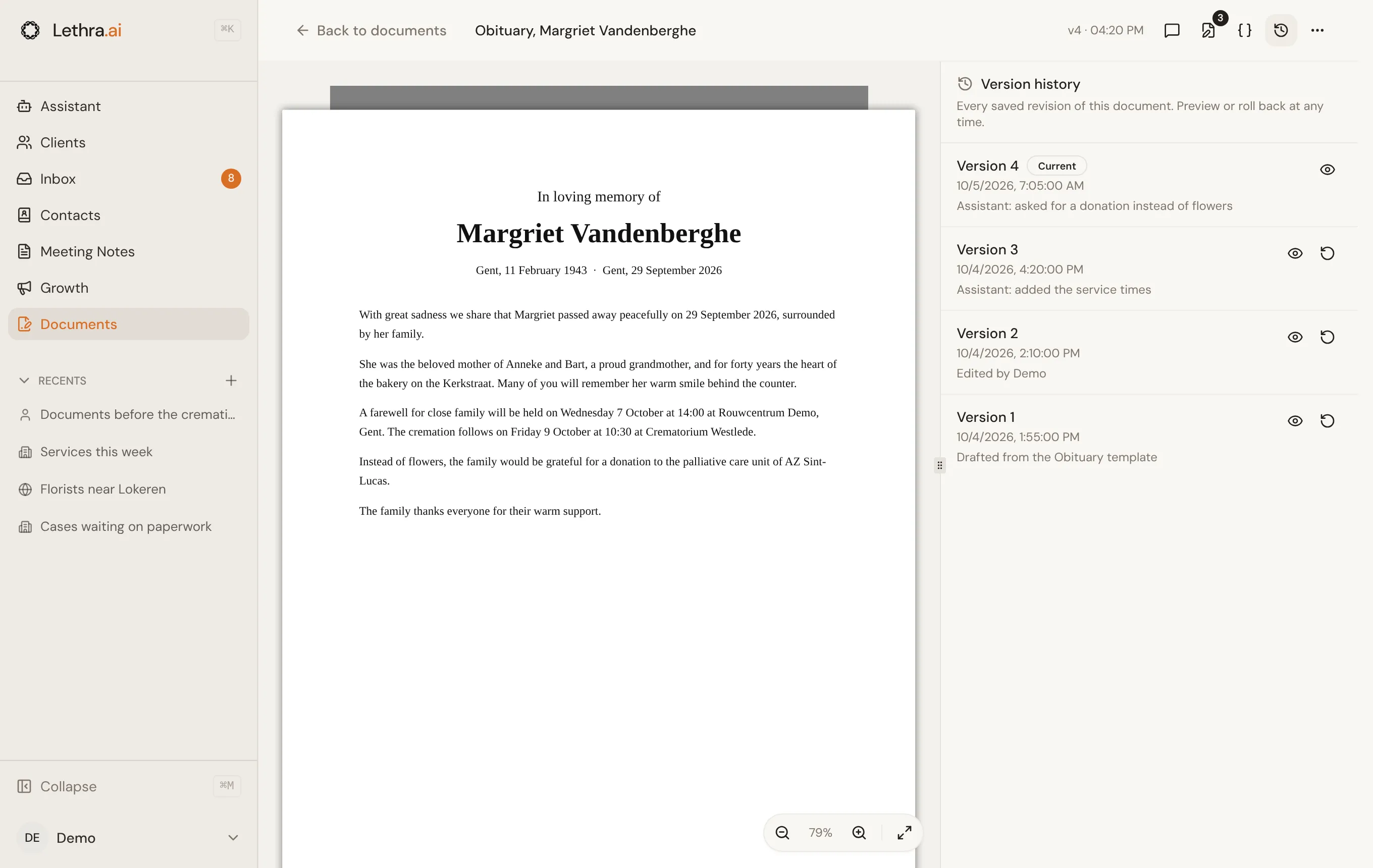 The History panel: four versions of the obituary with when and why each was saved, the current one marked, and preview and restore buttons.