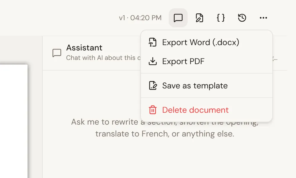 The menu in the document editor: Export Word (.docx), Export PDF, Save as template and Delete document.