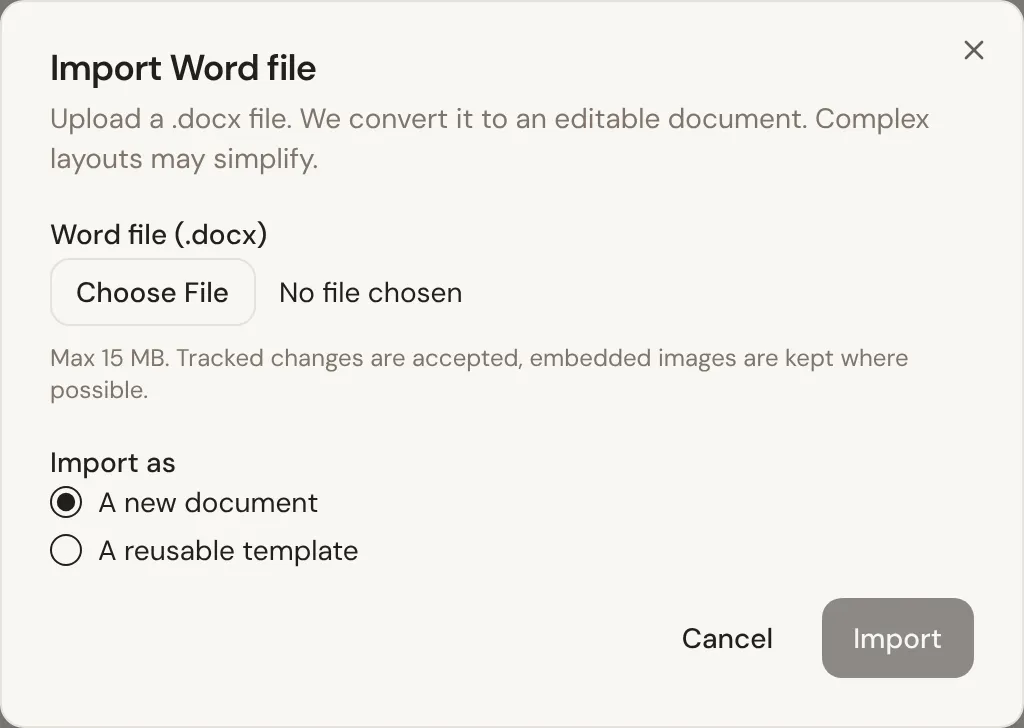 The Import Word file window, with a file picker and the choice between A new document and A reusable template.
