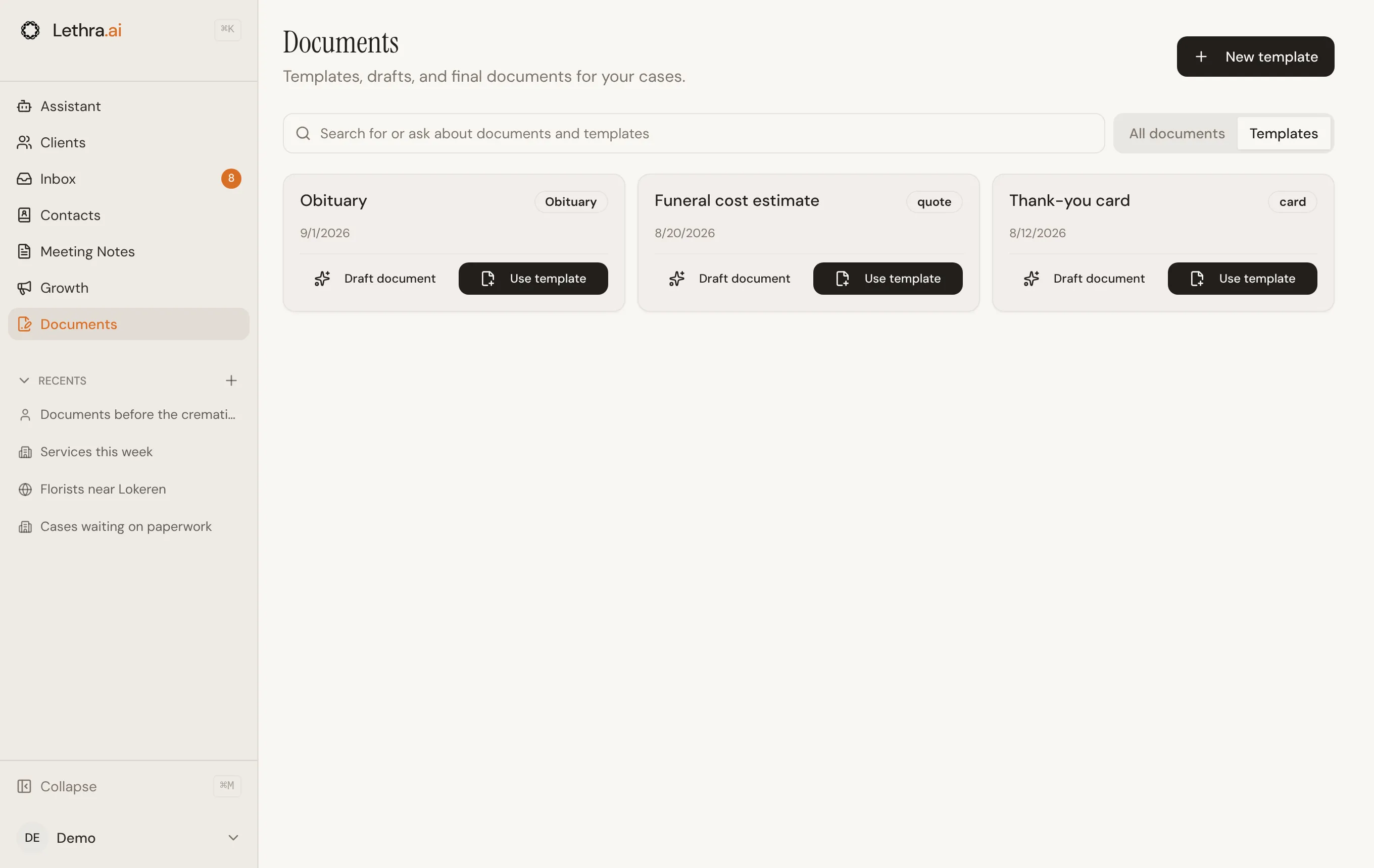 The Templates tab of the Documents page: three templates, each with its type, Draft document and Use template, and New template at the top right.