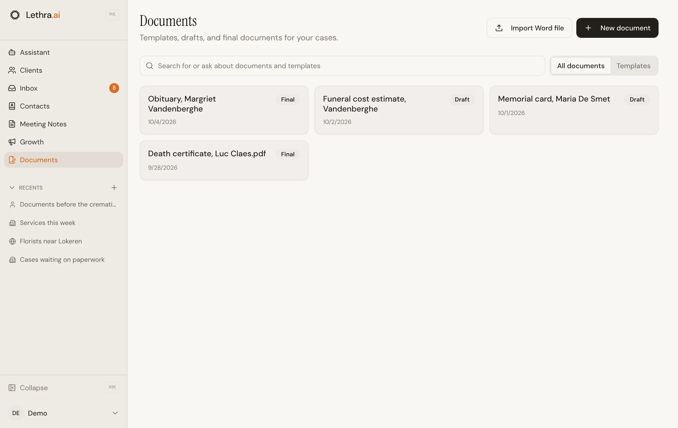 The Documents page, with drafts and final documents shown as cards, a search bar, and the All documents and Templates switch.