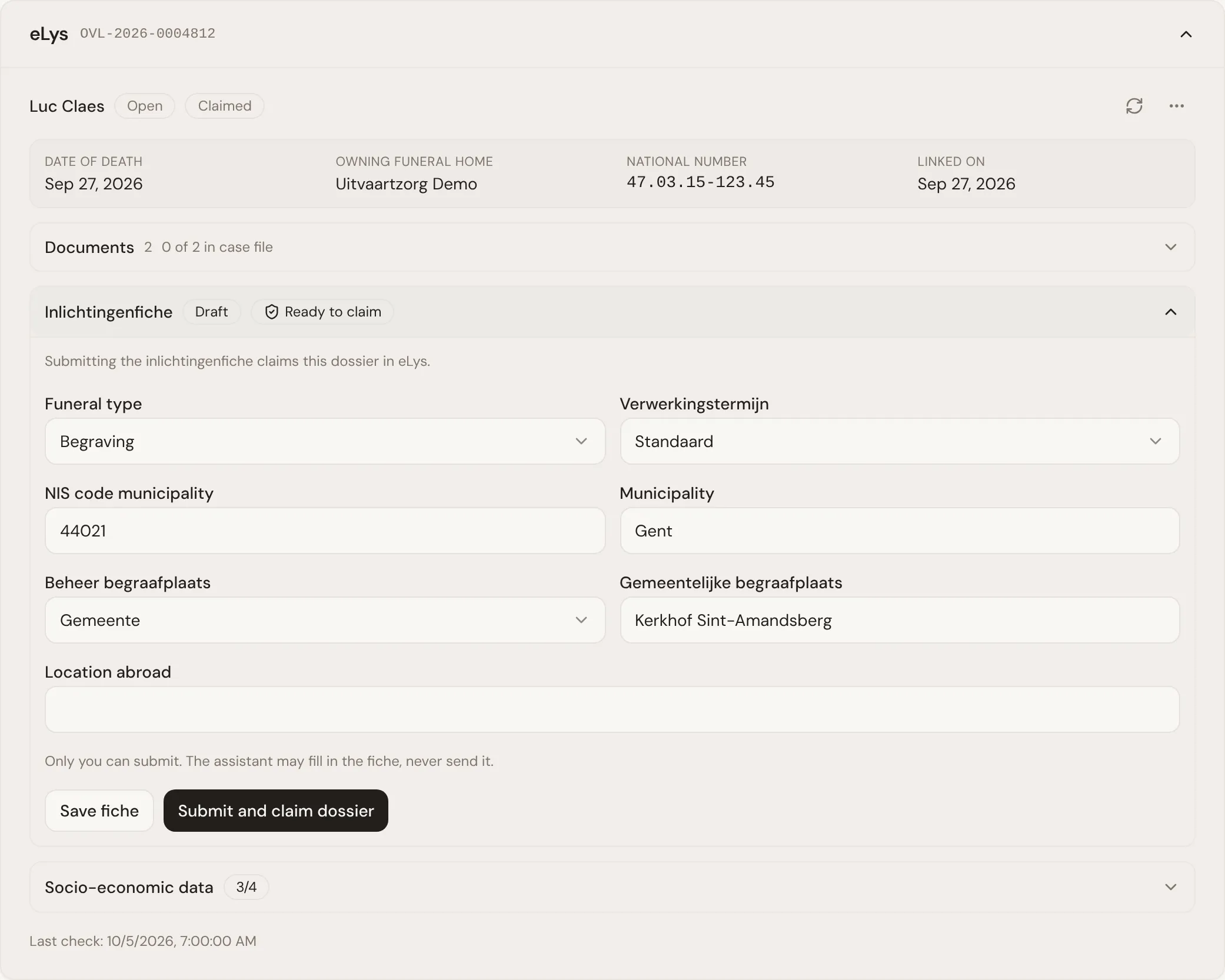 The Inlichtingenfiche section opened in the eLys block, marked Draft and Ready to claim, with the funeral type, processing time and cemetery fields, and the Save fiche and Submit and claim dossier buttons.