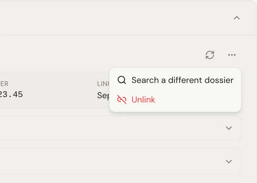 The More actions menu on a linked dossier, with Search a different dossier and Unlink.