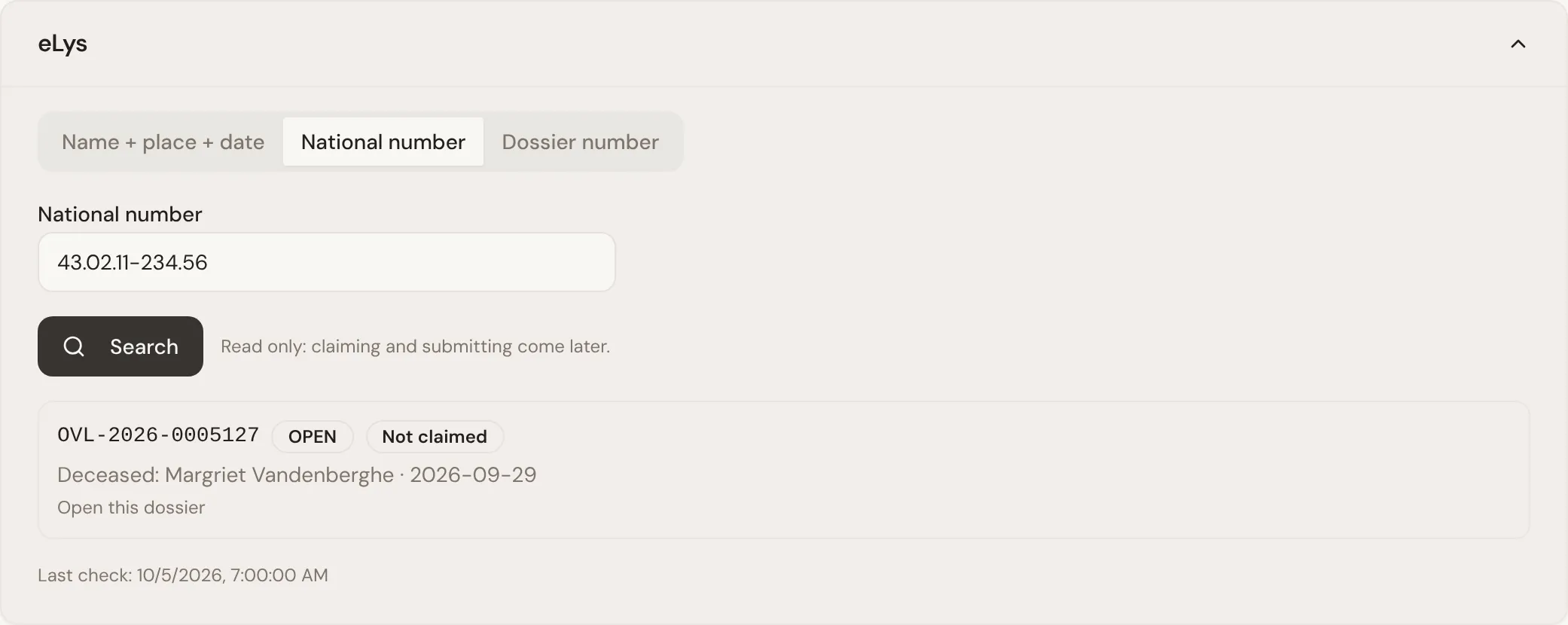 The eLys block on a case that is not linked yet, searching by national number, with one matching dossier found.