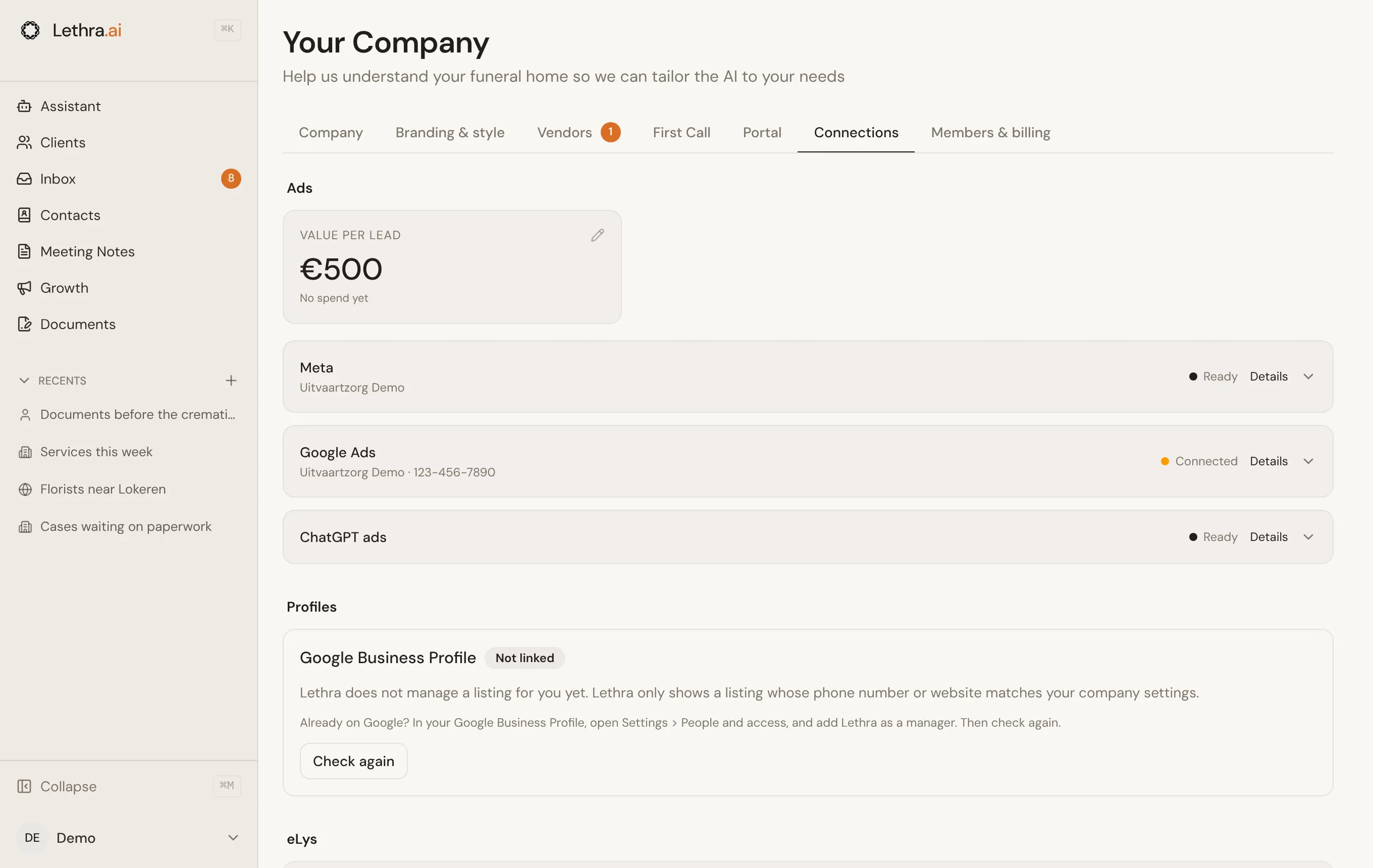 The eLys settings under Your Company, with eLys marked Connected and the KBO number filled in.