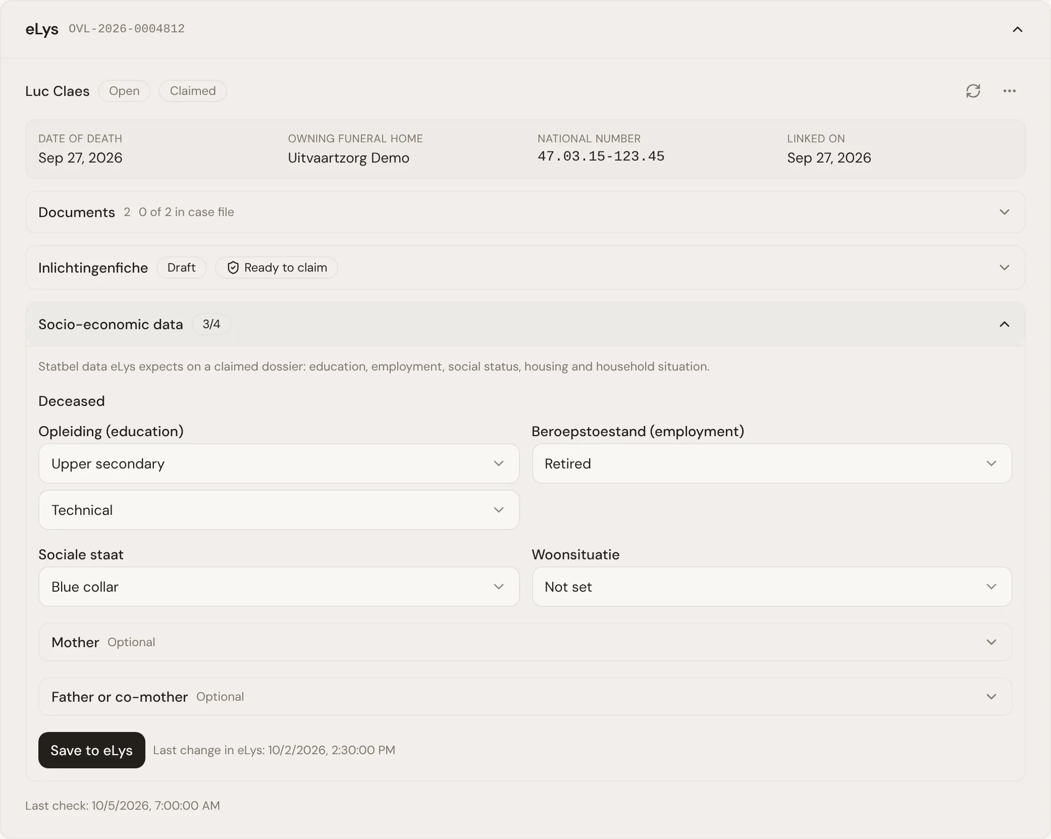 The Socio-economic data section, three of four filled in for the deceased: education, employment and social status, with the mother and father as optional sections and Save to eLys.