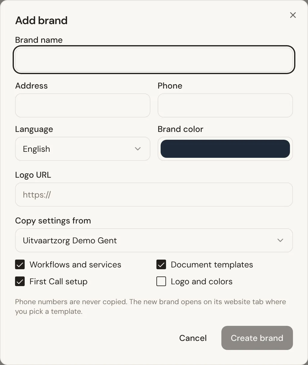 The Add brand form: brand name, address, phone, language, brand color, logo URL, and Copy settings from with four options.