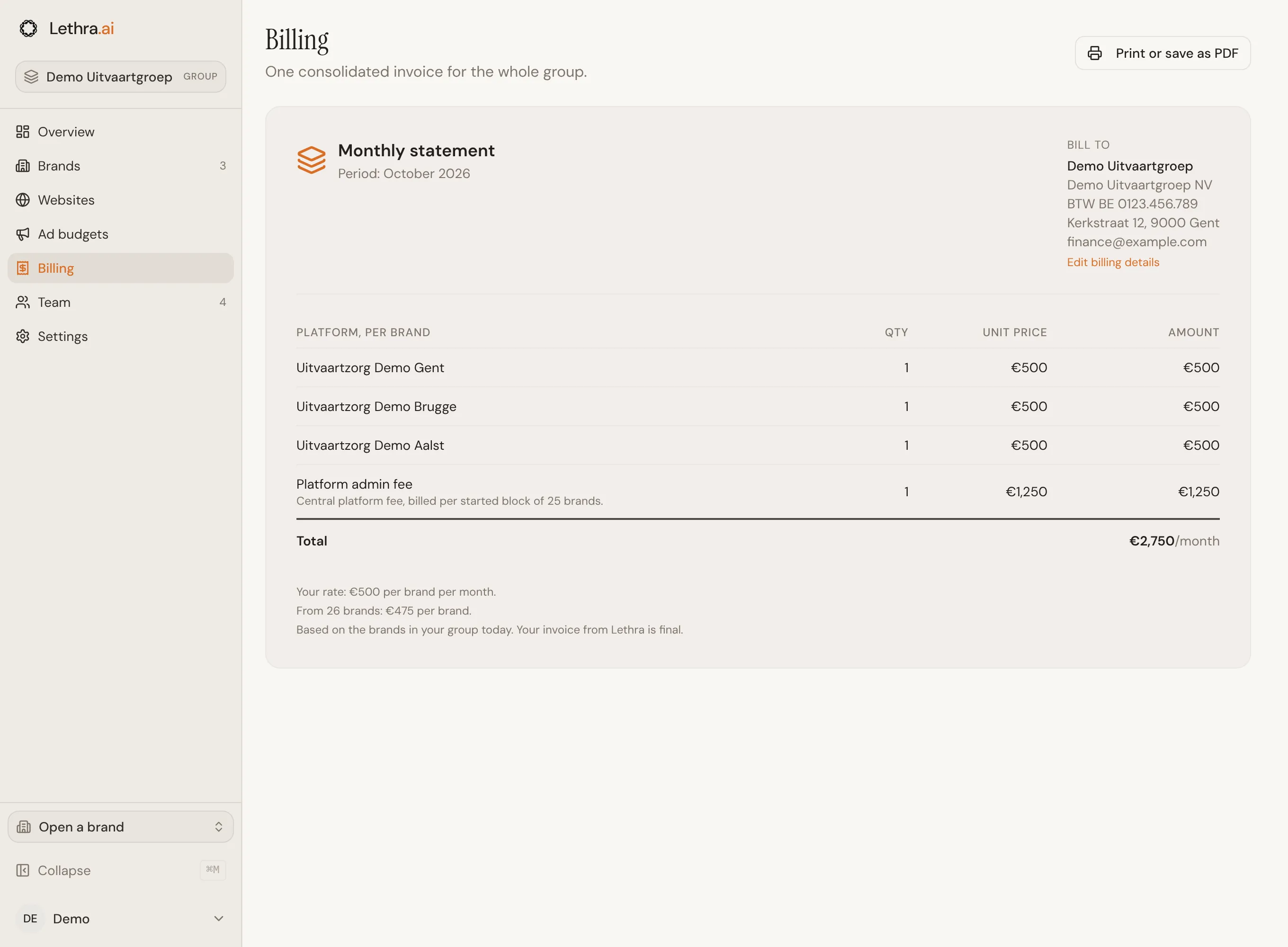 The monthly statement: one line per brand, the platform admin fee, the total per month, and the bill-to details with an Edit billing details link.