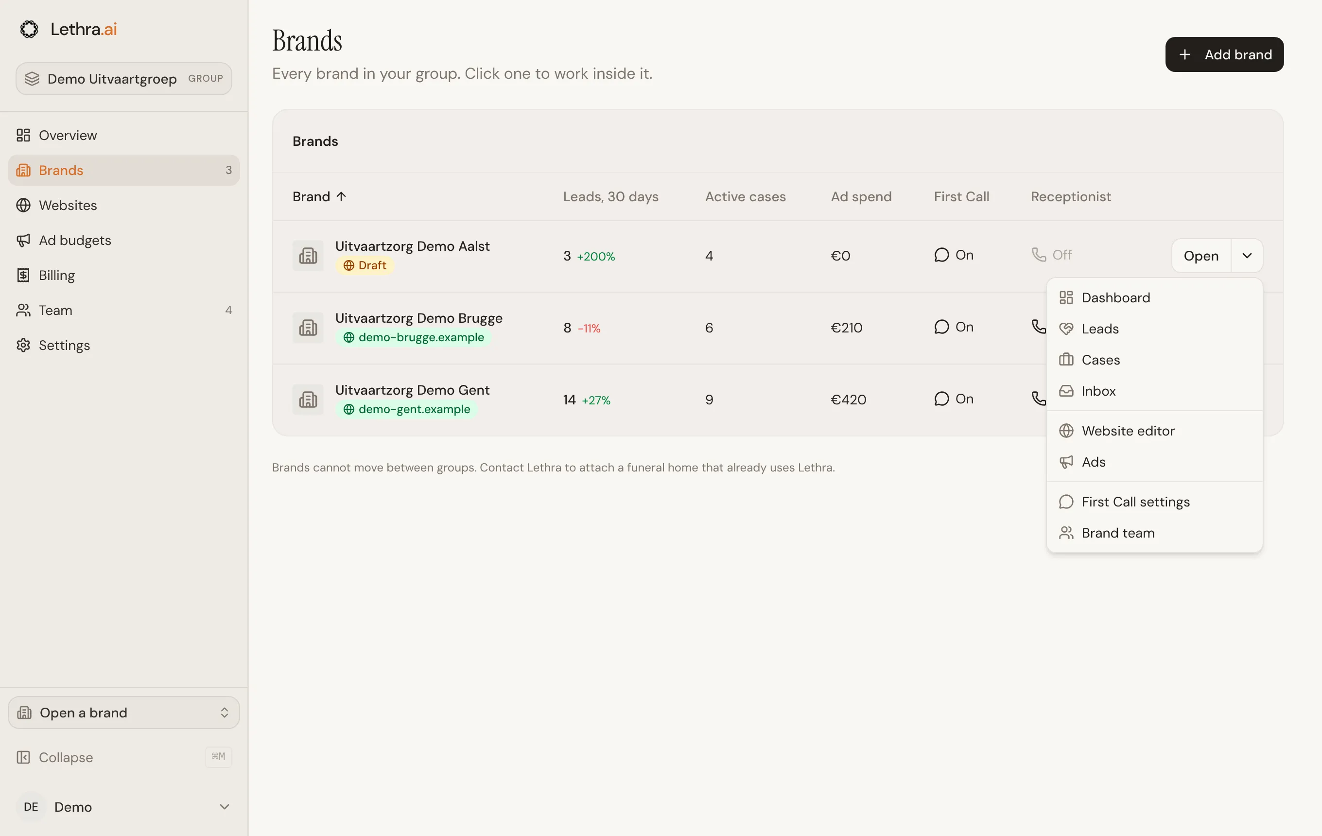 The Brands page with three brands, their leads, active cases, ad spend, First Call and Receptionist, and the Open menu of one brand showing its shortcuts.
